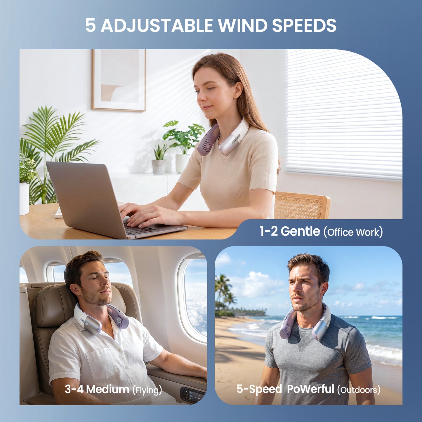 Nogroa Portable Neck Fan, Hands-Free Personal Fan with 5 Speeds Wearable Bladeless Fan Whisper-Quiet Rechargeable Fan Perfect for Home, Sports, Travel