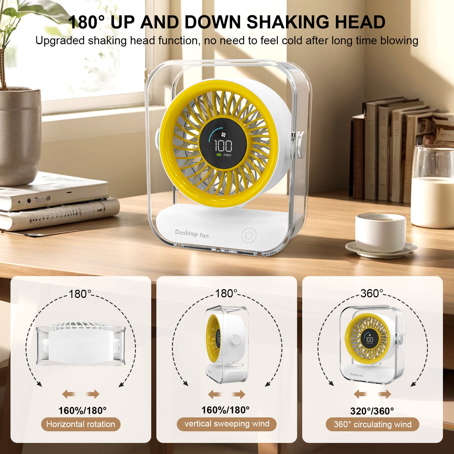 Skdwakiz Small Desk Fan, Portable Table Fan with 6-Speed LED Display Personal Fan Rechargeable High-speed Mini Air Circulator Fan for Office Home