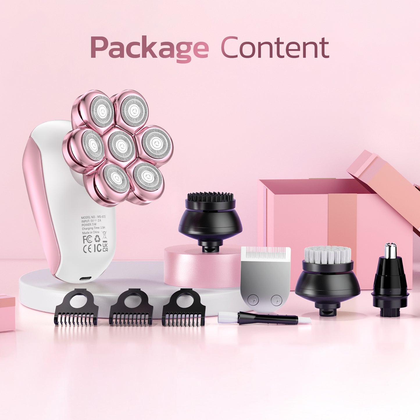 Skdwakiz Electric Razor for Women Legs, 5-in-1 7D Rechargeable Cordless Body Head Shaver, IPX6 Waterproof Wet/Dry Bikini Trimmer Hair Epilator, Trimmer for Lady Face Underarms Pubic, Pink