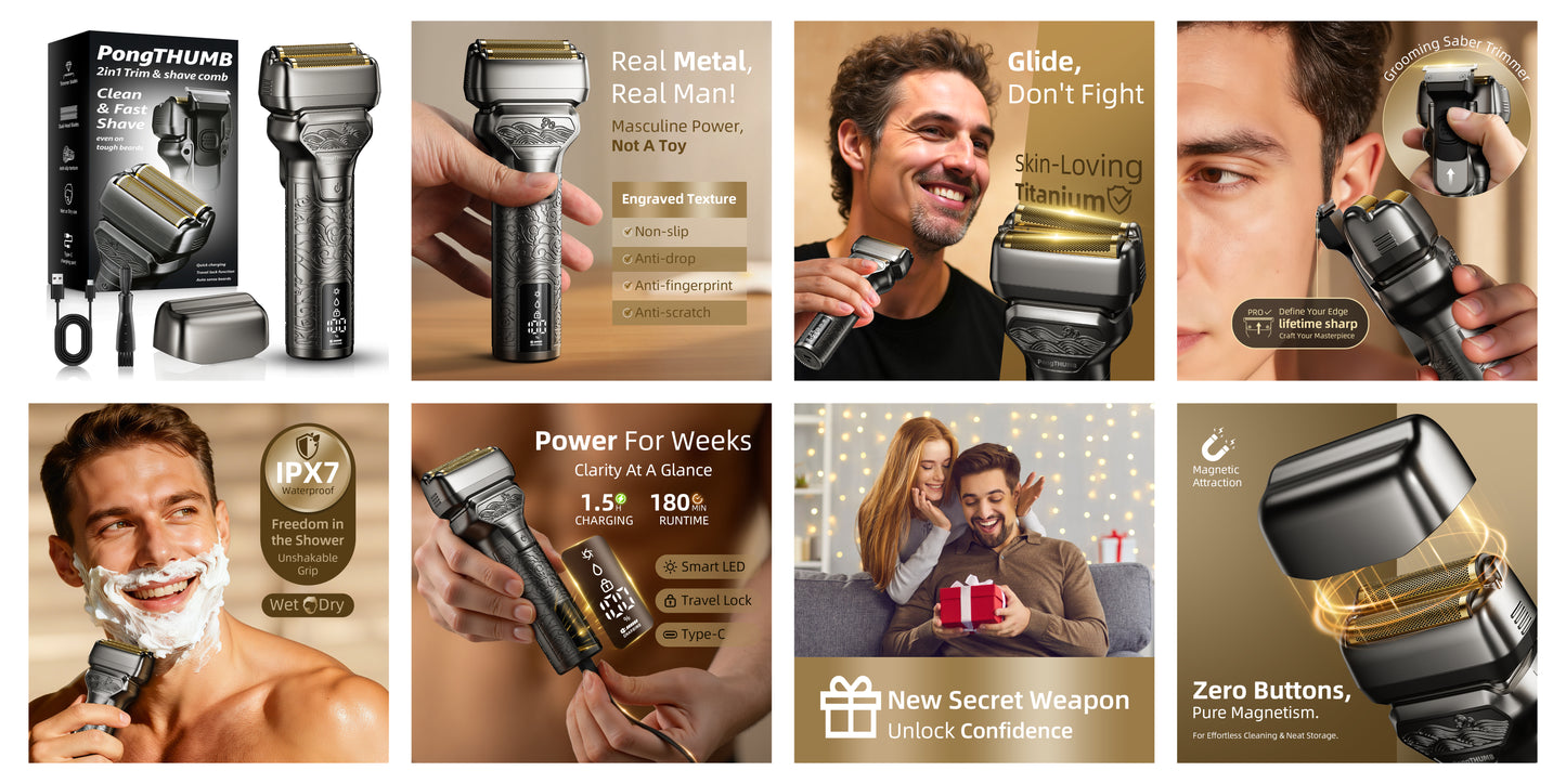 Nogroa 2 in 1 Electric Shaver & Trimmer for Men – Dual Blade Foil Razor for Wet & Dry Use IPX7 Waterproof Beard Trimmer with LED Display/Metal Handle/Travel Lock/Fast Charging, Metallic Gray