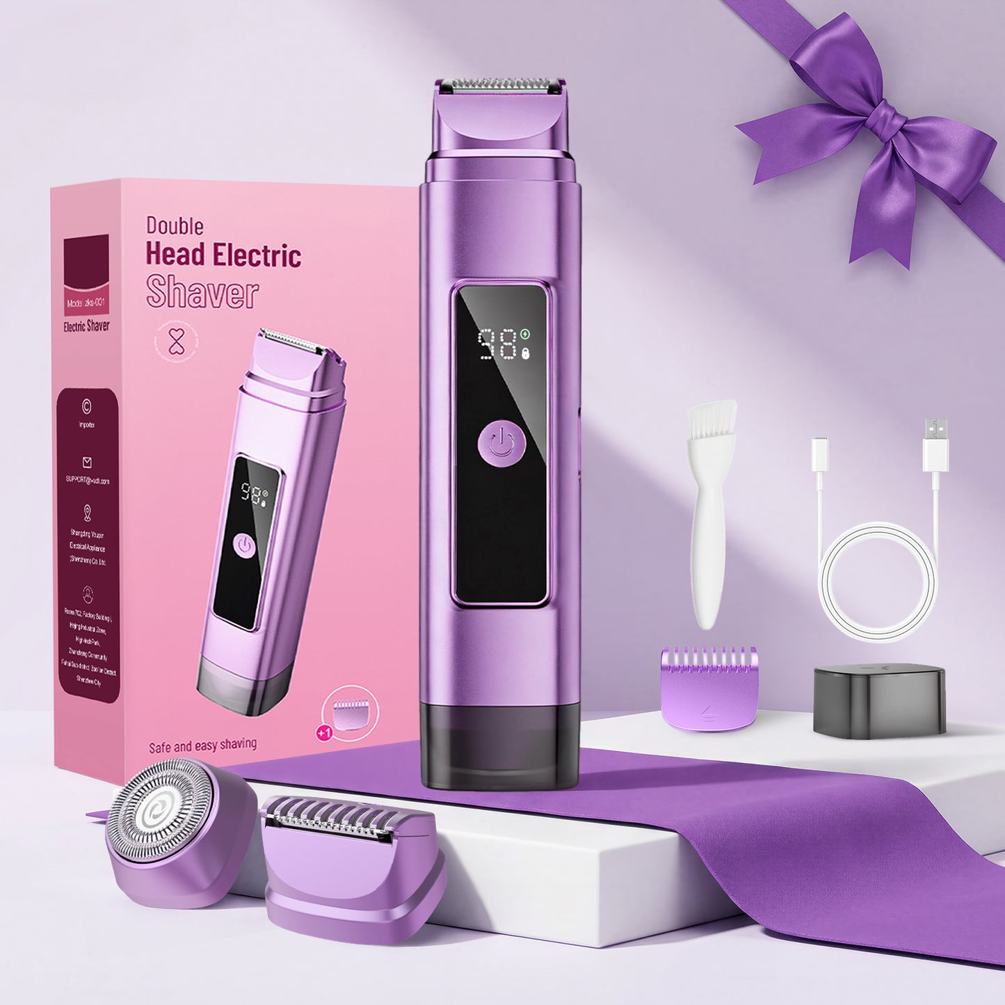 Nogroa Bikini Trimmer for Women, 2-in-1 Womens Electric Razor with Dual Heads, IPX7 Waterproof Wet & Dry Body Pubic Hair Trimmer, Portable Cordless Lady Shaver for Face, Lip, Underarm & Legs, Purple