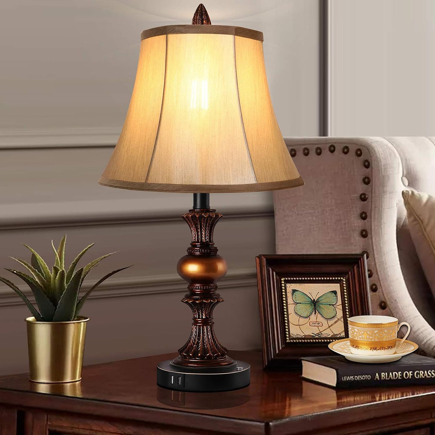 Skdwakiz 22" Table Lamps Set of 2, Lamps for Bedroom with USB Charging Ports, 3 Way Dimmable Touch with Linen Fabric Lampshade, Modern Small Table Lamp for Nightstand, Living Room (Bulbs Include)