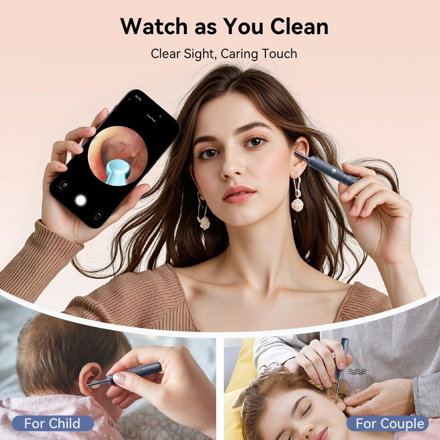 TCVOR Professional Ear Wax Removal Kit with Camera - 1080P HD Visual Ear Cleaner with Tweezers/Scooper/Scraper/Sponge/6 LED Lights Flexible Ear Otoscope - Portable Earwax Removal Tool for Home Use