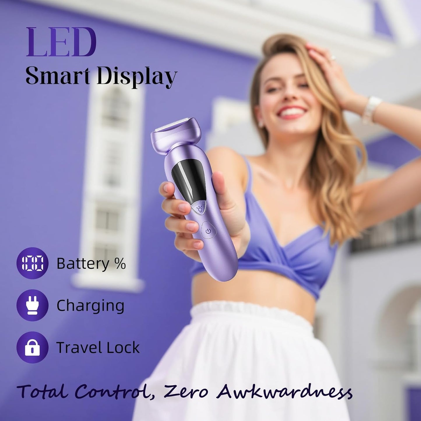 Skdwakiz Electric Razors for Women Cordless, 2-in-1 Womens Electric Shaver, IPX7 Waterproof Wet Dry Body Pubic Hair Trimmer, Rechargeable Bikini Trimmer, Lady Shaver for Face, Underarm & Legs