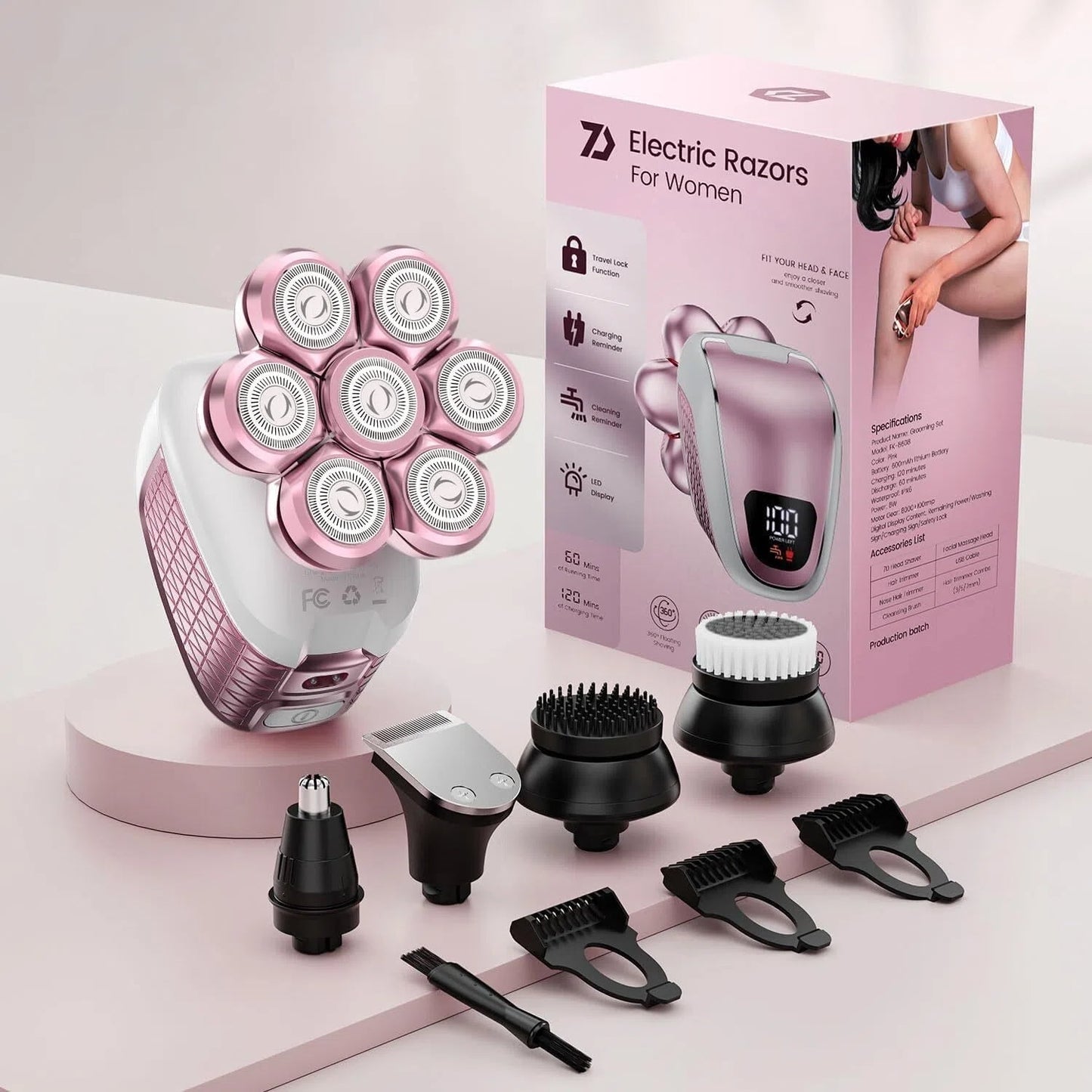 Nogroa Electric Razors for Women, 7D IPX6 Waterproof Cordless Body Electric Head Shaver, 5 in 1 Pink Bikini Trimmer Hair Epilator for Legs Body Face