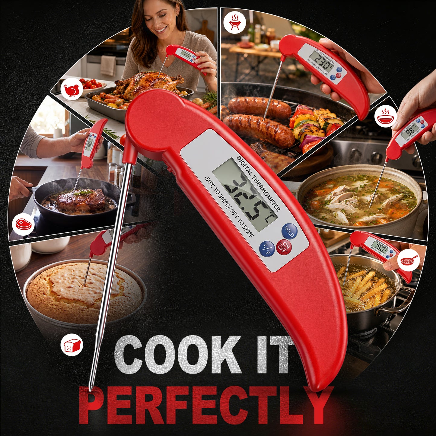 Arenviy Digital Meat Thermometer for Cooking, Instant Read Food Thermometer for Grill, BBQ & Kitchen, Foldable, 4.3-inch Probe