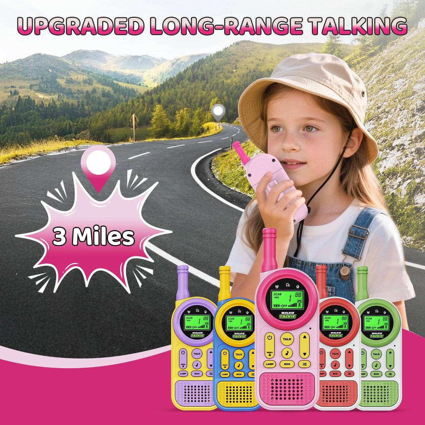 Skdwakiz Kids Walkie Talkies 2 Pack - 3KM Long Range Two-Way Radios Children's Toys with Flashlight, 22 Channels, Birthday Gifts for Boys and Girls 3+ Years