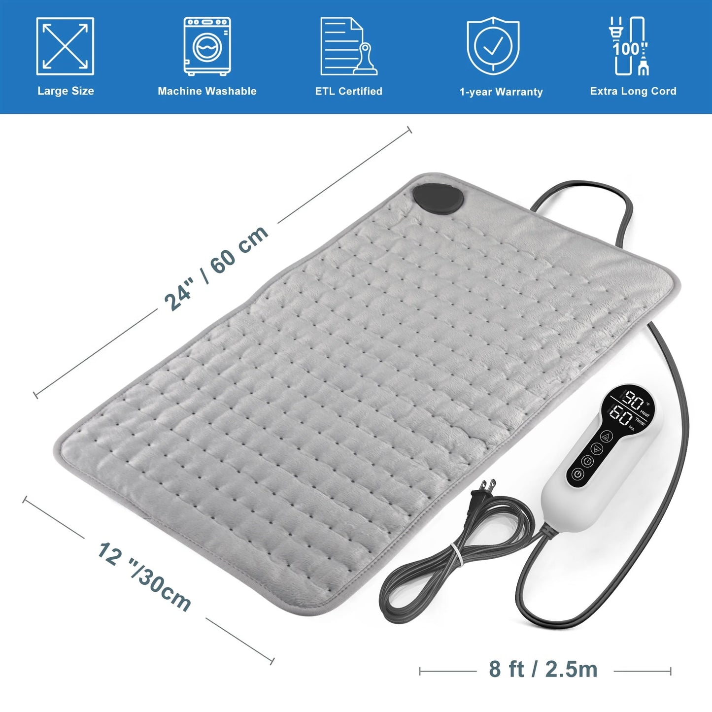 TCVOR Flannel Heating Pad for Deep Heat and Comfort, 12" x 24" Electric Heating Pad, Fast-Heating with 6 Heat Settings, 4 Timer Auto Shut Off, Machine Washable