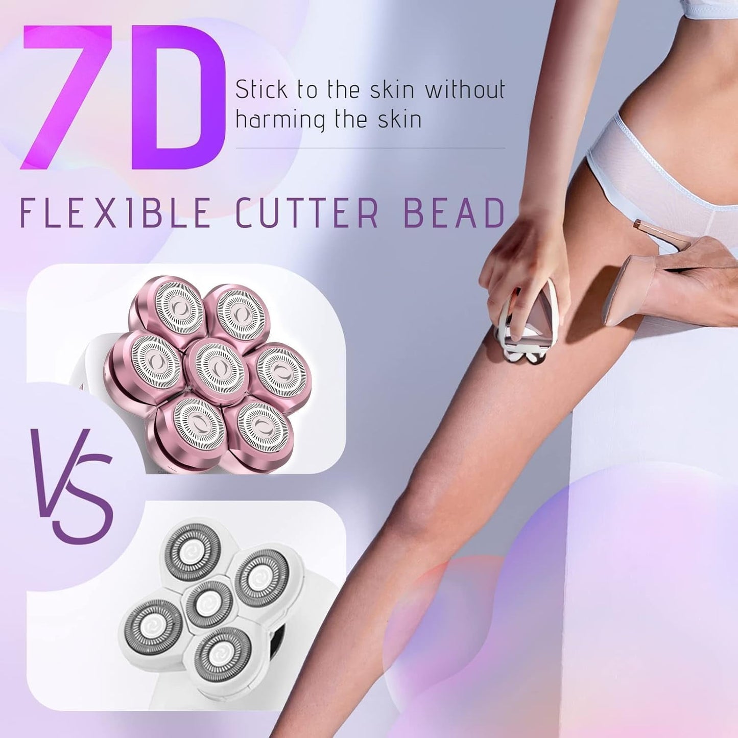 Nogroa Electric Razors for Women, 7D IPX6 Waterproof Cordless Body Electric Head Shaver, 5 in 1 Pink Bikini Trimmer Hair Epilator for Legs Body Face