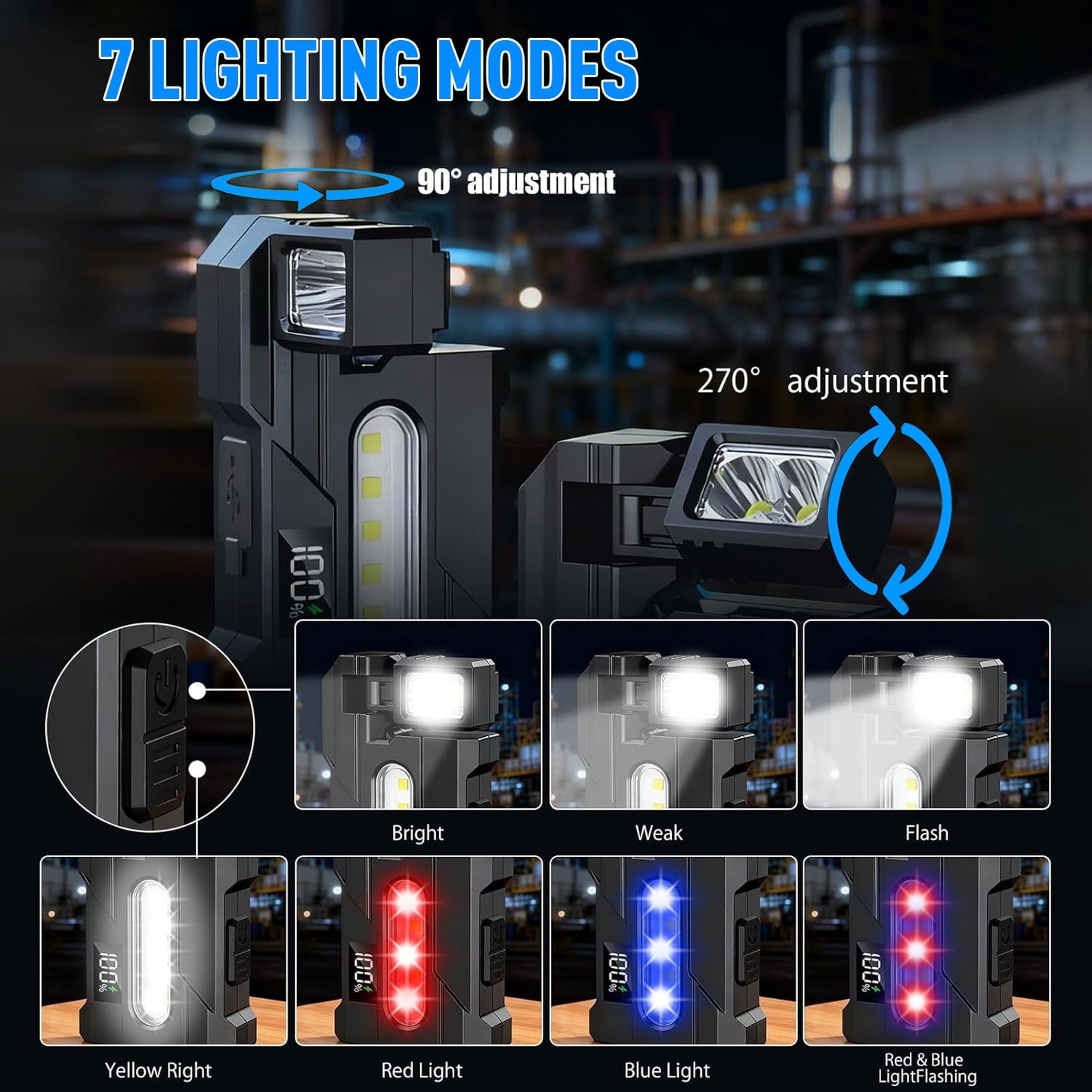 Skdwakiz Rechargeable Mini EDC Flashlight: 7 Mode LED Flashlight with COB Sidelight | Magnetic Base | Metal Clip for Emergency, Working, Hiking, Camping