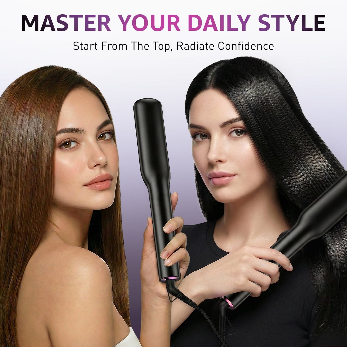Hair Straightener Brush, 3-in-1 Heated Curling & Straightening Flat Iron Comb for Women, Anti-Scald Ceramic Hot Comb with 16 Temp Settings & 20s Fast Heating, LED Display, Dual Voltage, Black