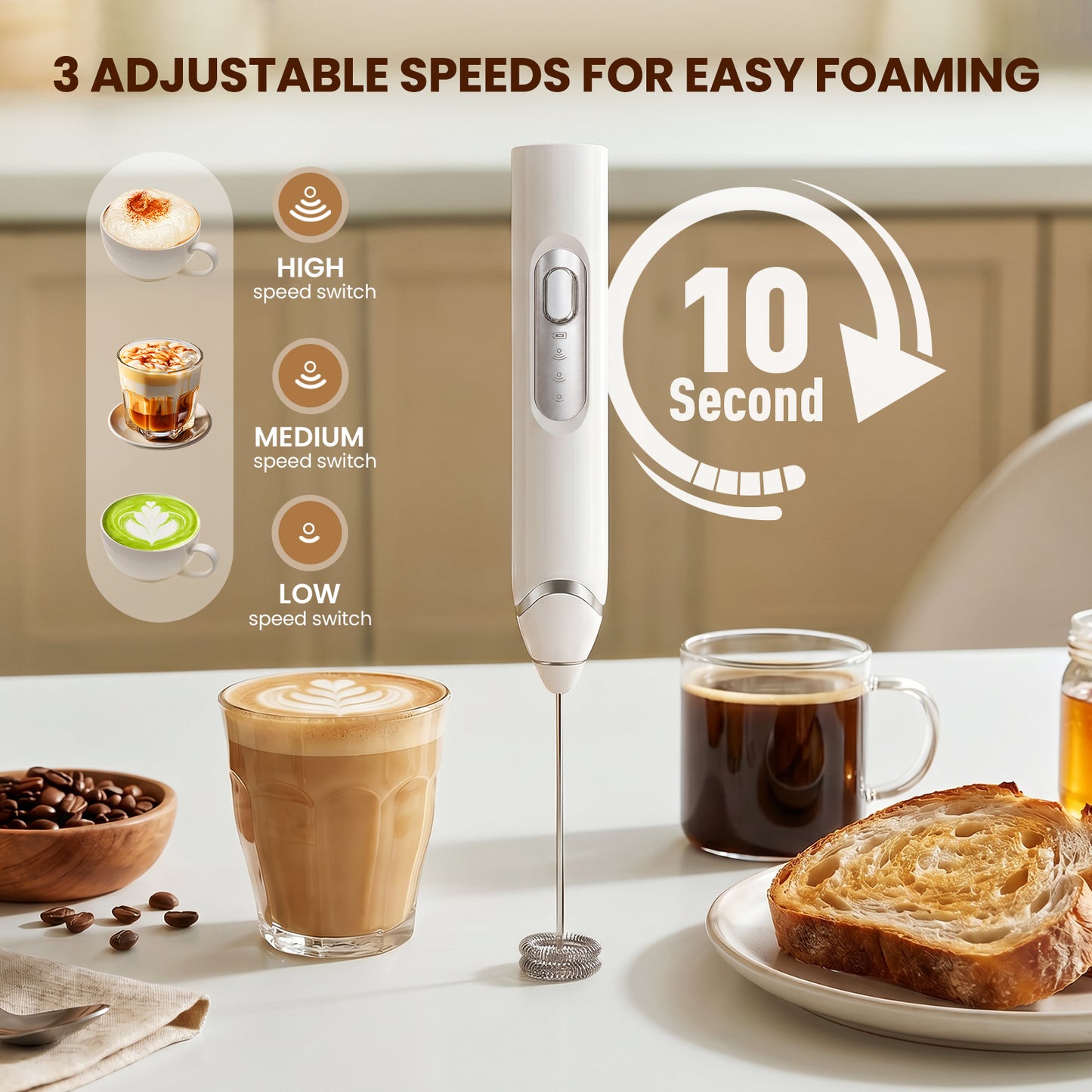 Arenviy Milk Frother, Rechargeable Handheld Milk Frother Wand, 3 Whisks 3 Speeds Electric Whisk with Storage Box, Drink Mixer with Stainless Steel Whisk for Coffee, Latte, Cappuccino, Hot Chocolate