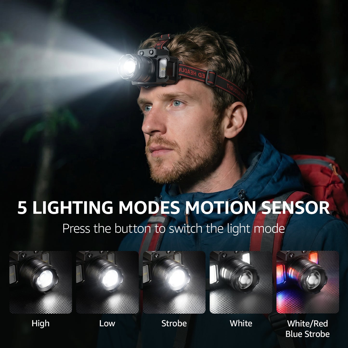Skdwakiz Rechargeable LED Headlamp Flashlight with COB Side Light, 5 Modes Hands-Free Head Lamp with Adjustable Focus | Motion Sensor | Power Bank Function for Camping, Hiking, Repair