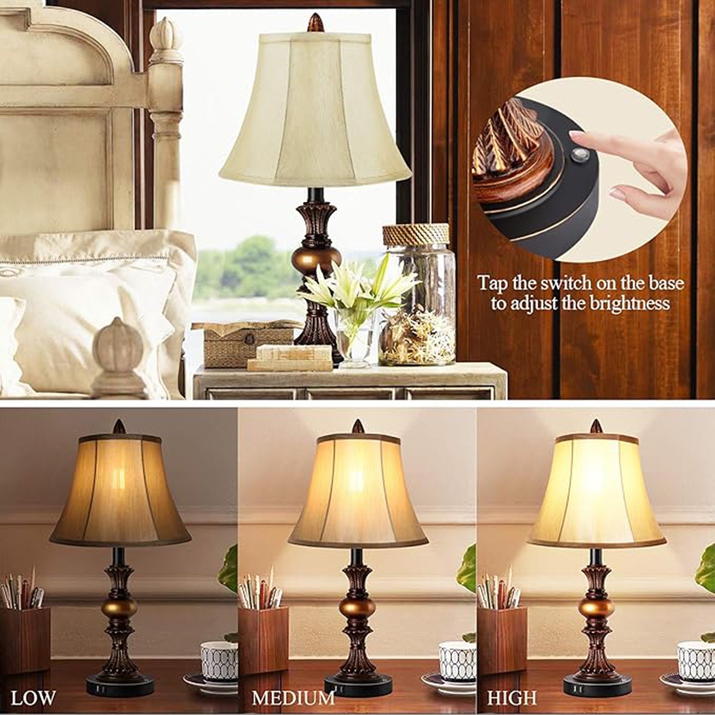 Skdwakiz 22" Table Lamps Set of 2, Lamps for Bedroom with USB Charging Ports, 3 Way Dimmable Touch with Linen Fabric Lampshade, Modern Small Table Lamp for Nightstand, Living Room (Bulbs Include)