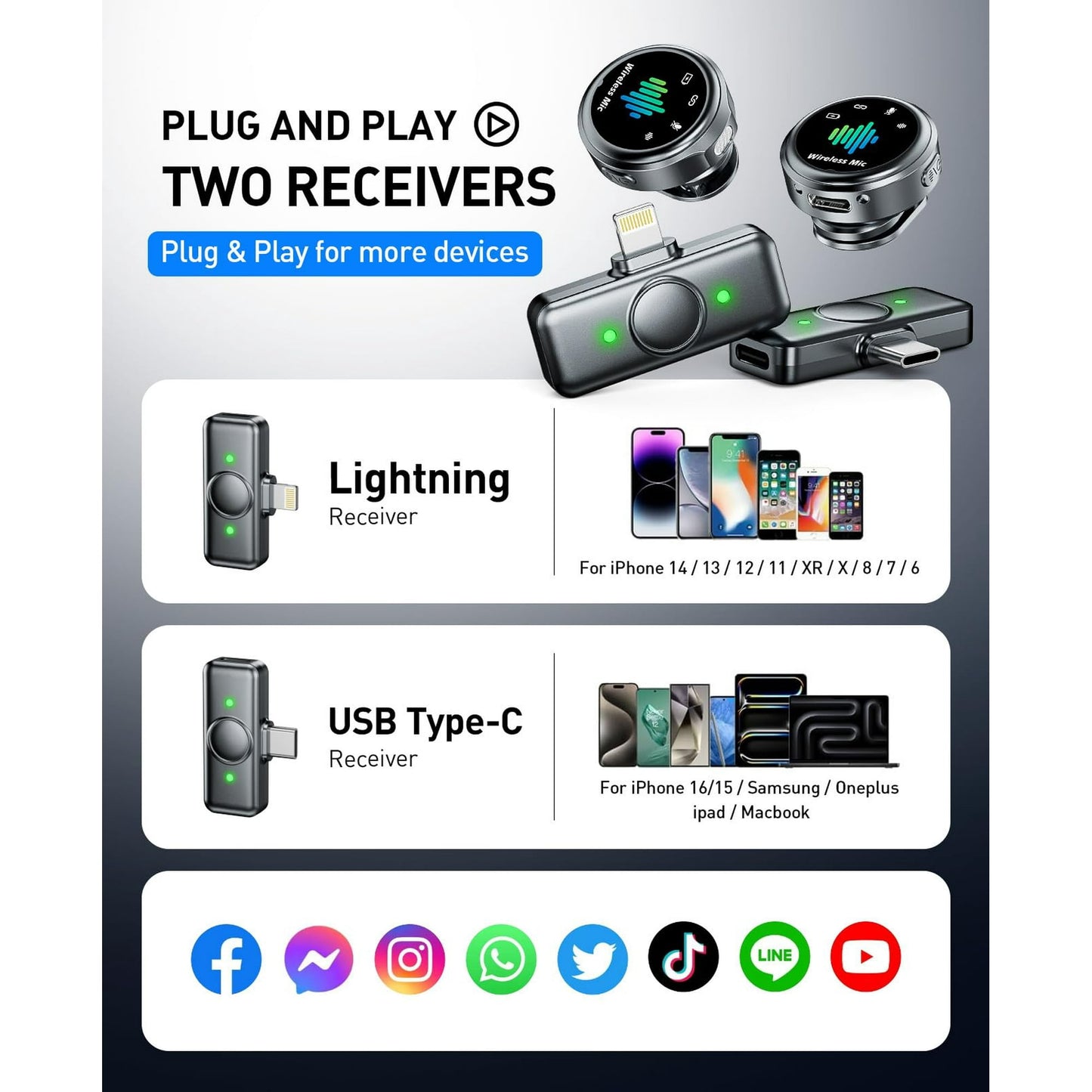 Skdwakiz Wireless Lavalier Microphone: Plug and Play Mini Mic for iPhone & Android, Magnetic Clip Lapel Microphone with Noise Canceling/Real Time Monitoring for Video Recording