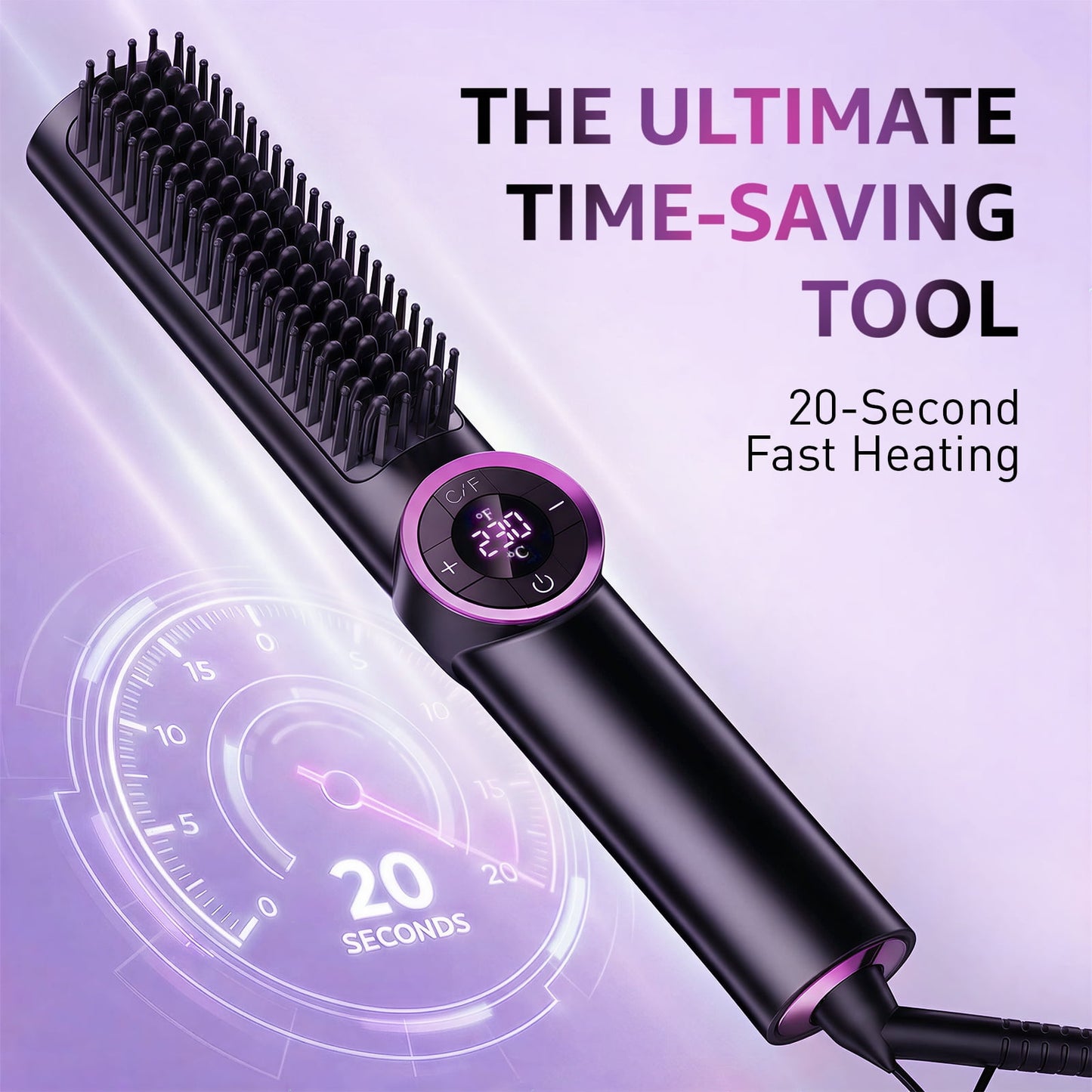 Hair Straightener Brush, 3-in-1 Heated Curling & Straightening Flat Iron Comb for Women, Anti-Scald Ceramic Hot Comb with 16 Temp Settings & 20s Fast Heating, LED Display, Dual Voltage, Black