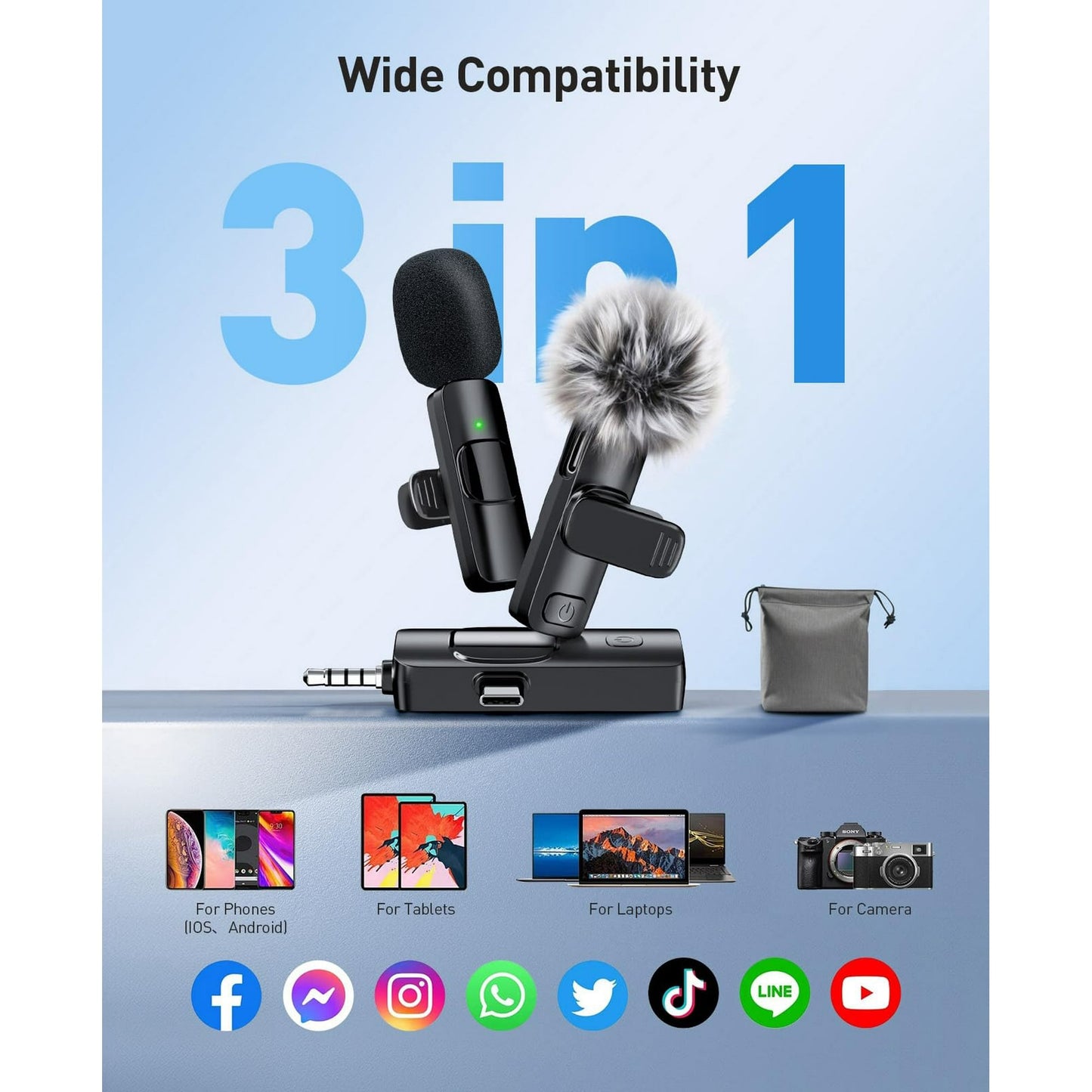 Plug & Play Mini Mic: 3 in 1 Wireless Lavalier Microphone for iPhone, Android & Camera, Professional Lapel Microphone with Noise Reduction | Real-Time Monitoring for Video Recording