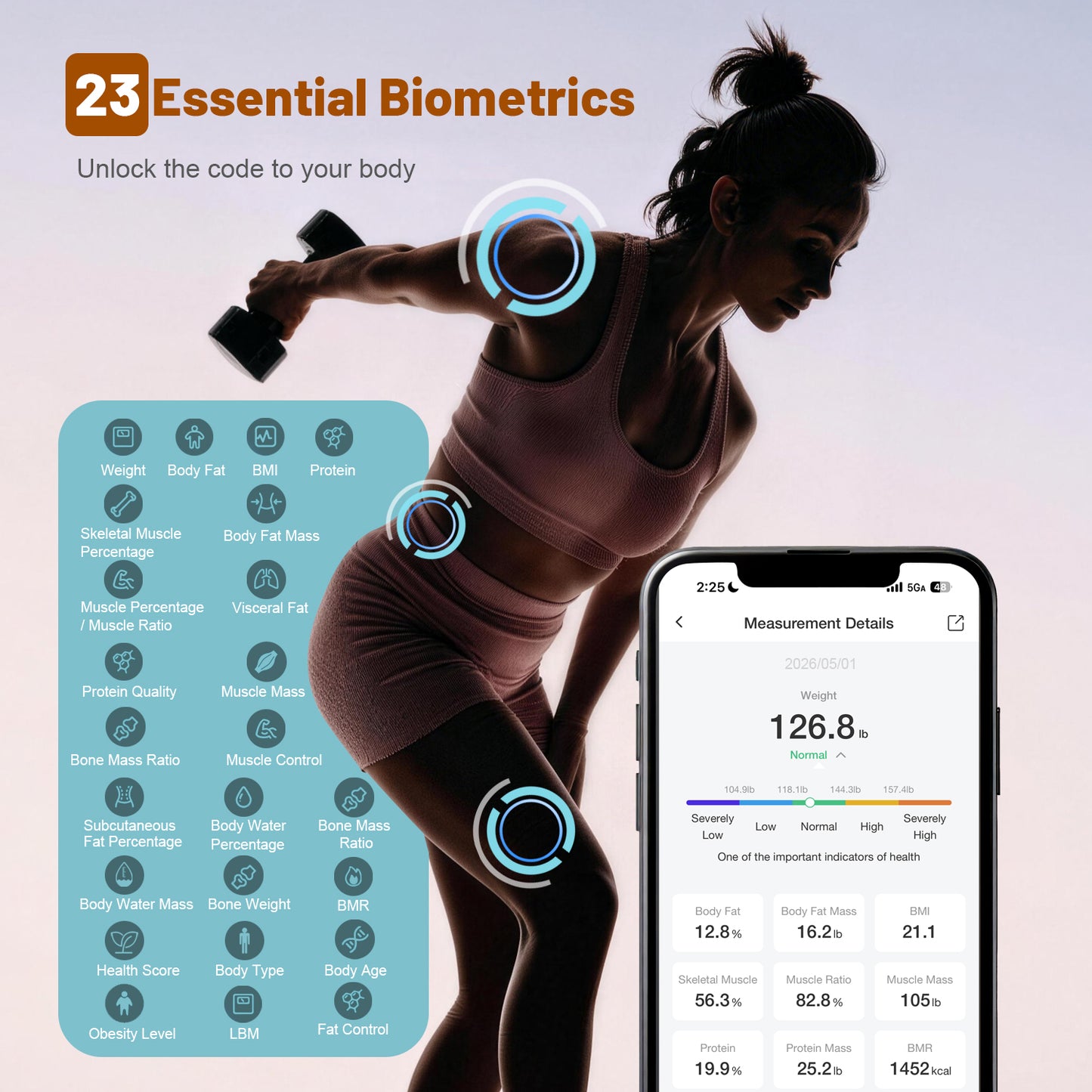 TCVOR Smart Digital Scale for Body Weight with BMI, Body Fat, Muscle Mass, 400Lb - Large LED Display Bathroom Scale with Multi-Frequency BIA, 23 Metrics