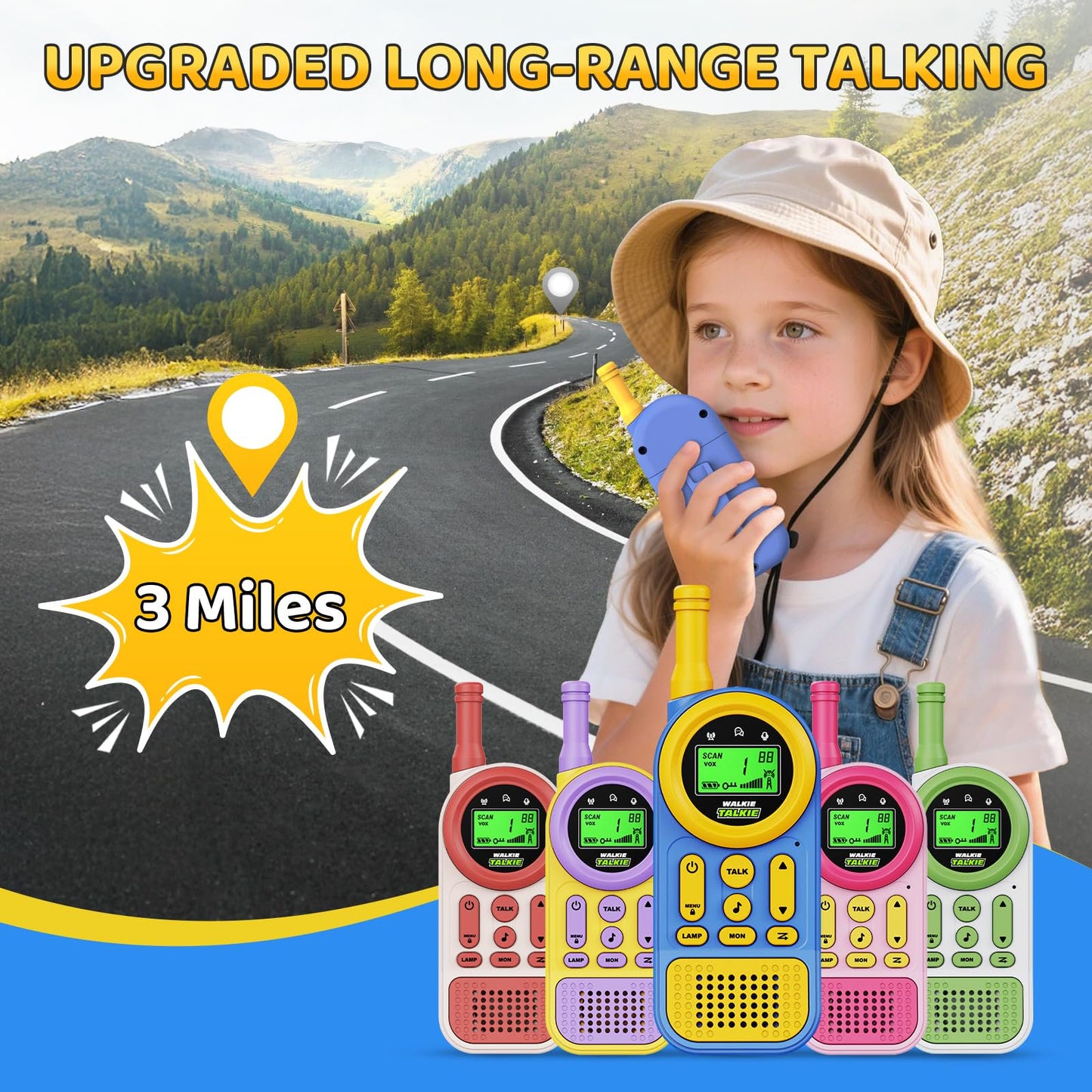Skdwakiz 2-Pack Kids Walkie Talkies with Flashlight, Children's Telephone Toys, 22 Channels, 3KM Long Range Walkie Talkies for Kids, Christmas & Birthday Gifts for Boys Girls over 3 Years Old