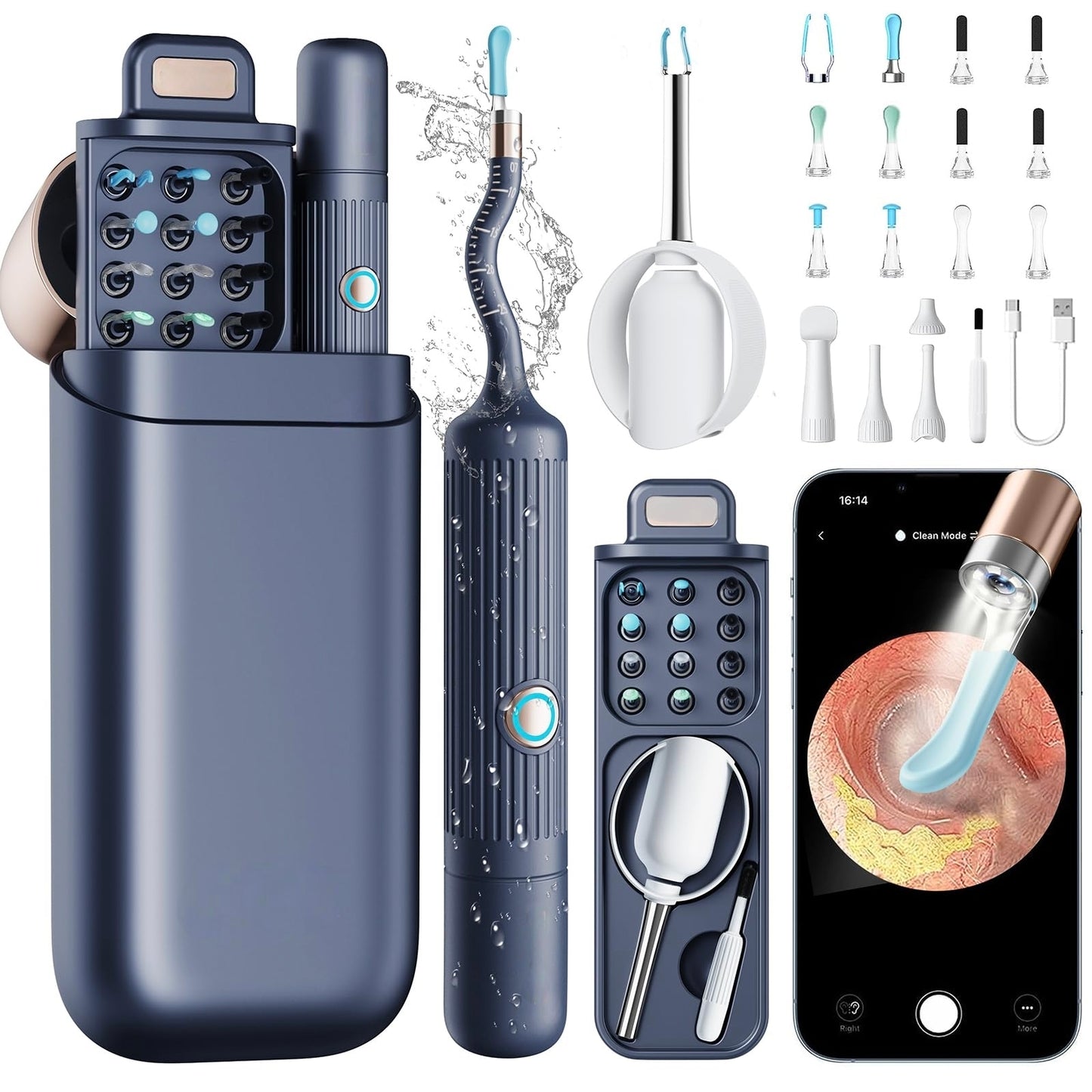 TCVOR Professional Ear Wax Removal Kit with Camera - 1080P HD Visual Ear Cleaner with Tweezers/Scooper/Scraper/Sponge/6 LED Lights Flexible Ear Otoscope - Portable Earwax Removal Tool for Home Use
