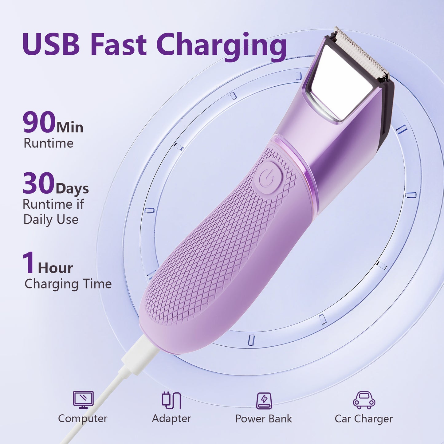 Nogroa Bikini Trimmer for Women, Pubic Hair Trimmer with Mirror & LED Light, Cordless Electric Razor Body Shaver for Trip, USB Rechargeable, IPX7 Waterproof, Ceramic Blade - for Silk Skin, Purple