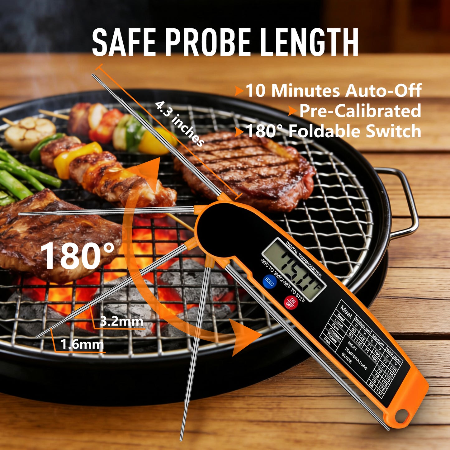 Skdwakiz Meat Thermometer Digital, Instant Read Food Thermometer for BBQ Grilling Cooking, Foldable, 4.3-inch Probe