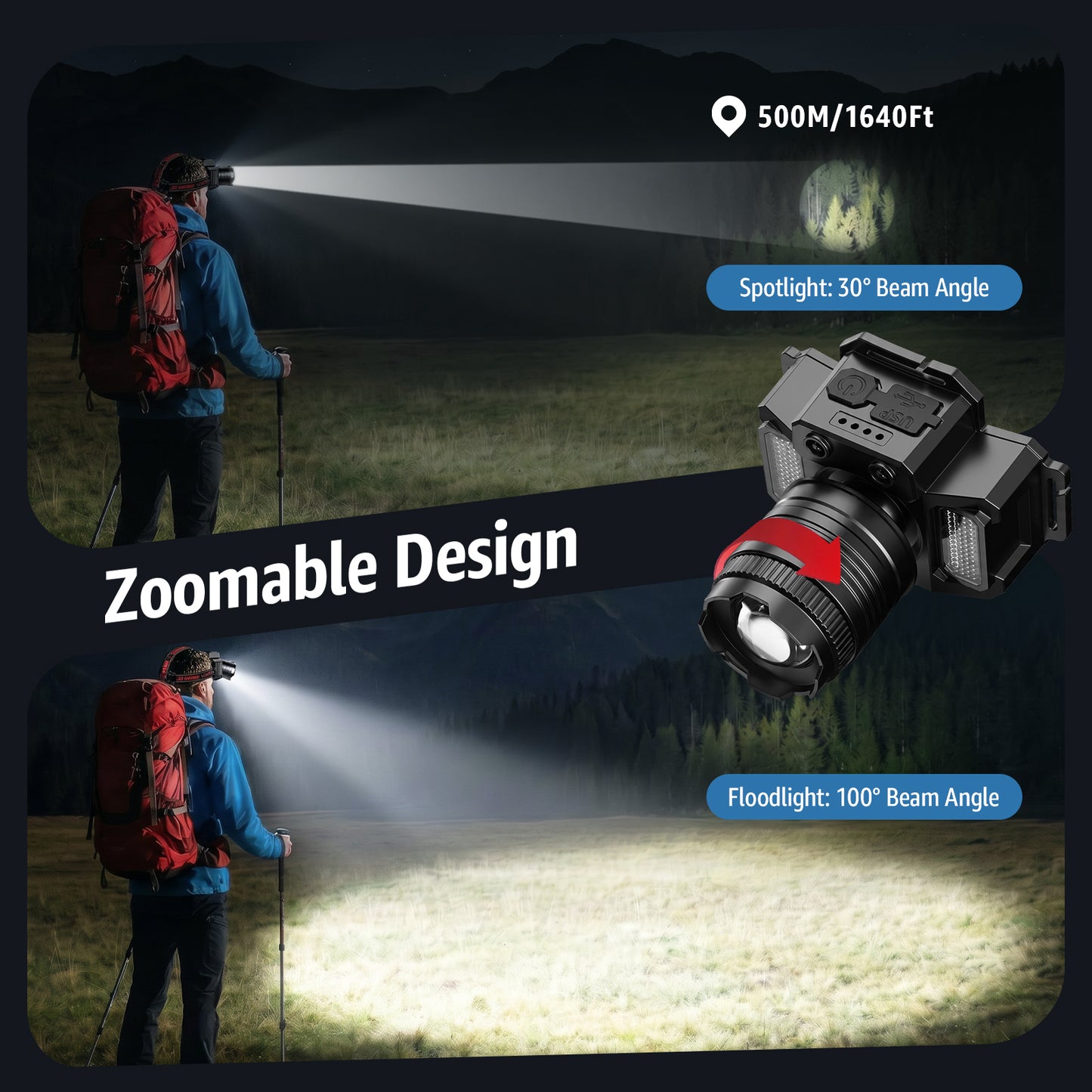 Skdwakiz Rechargeable LED Headlamp Flashlight with COB Side Light, 5 Modes Hands-Free Head Lamp with Adjustable Focus | Motion Sensor | Power Bank Function for Camping, Hiking, Repair