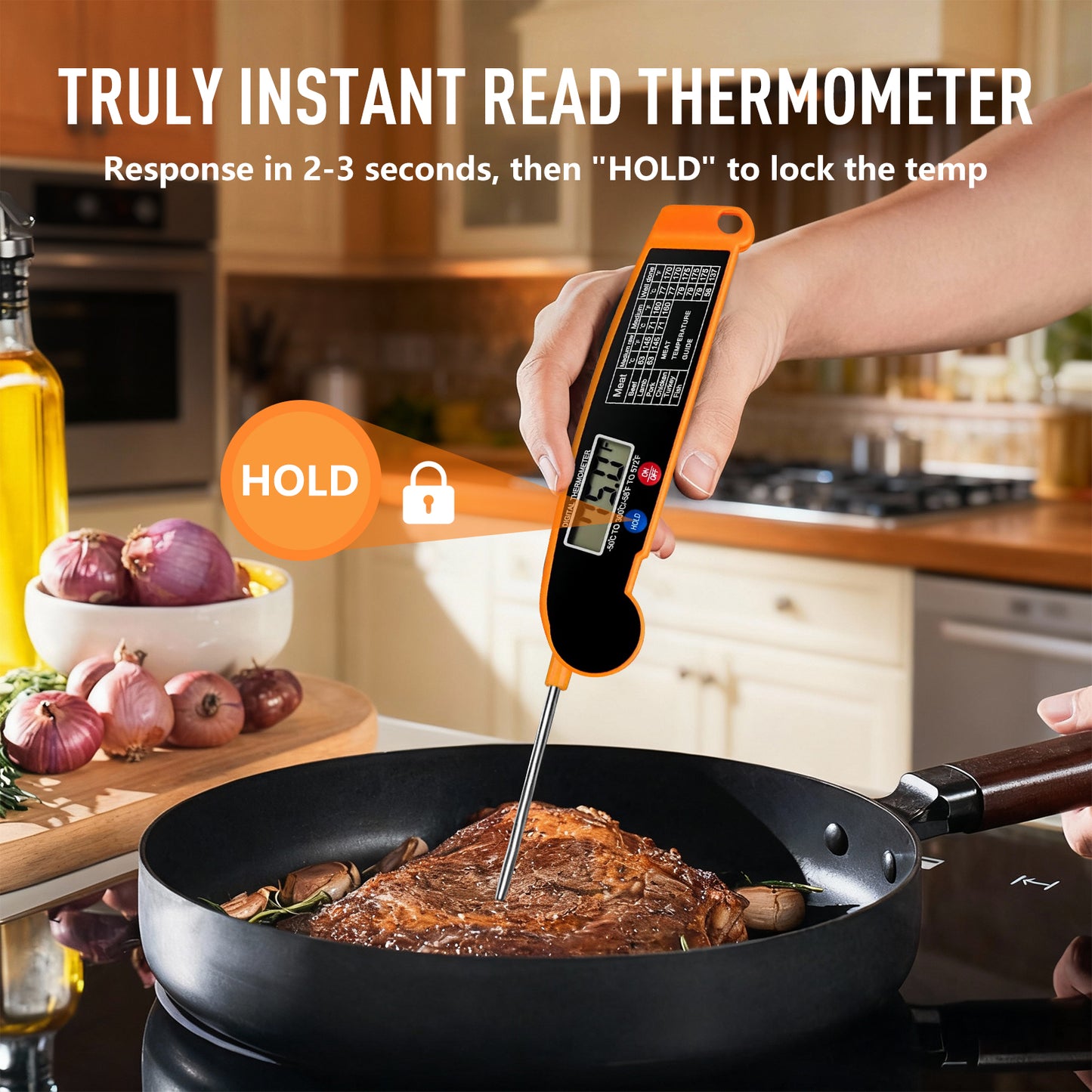 Skdwakiz Meat Thermometer Digital, Instant Read Food Thermometer for BBQ Grilling Cooking, Foldable, 4.3-inch Probe