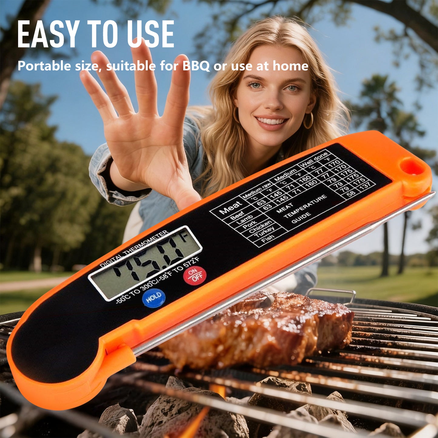 Skdwakiz Meat Thermometer Digital, Instant Read Food Thermometer for BBQ Grilling Cooking, Foldable, 4.3-inch Probe