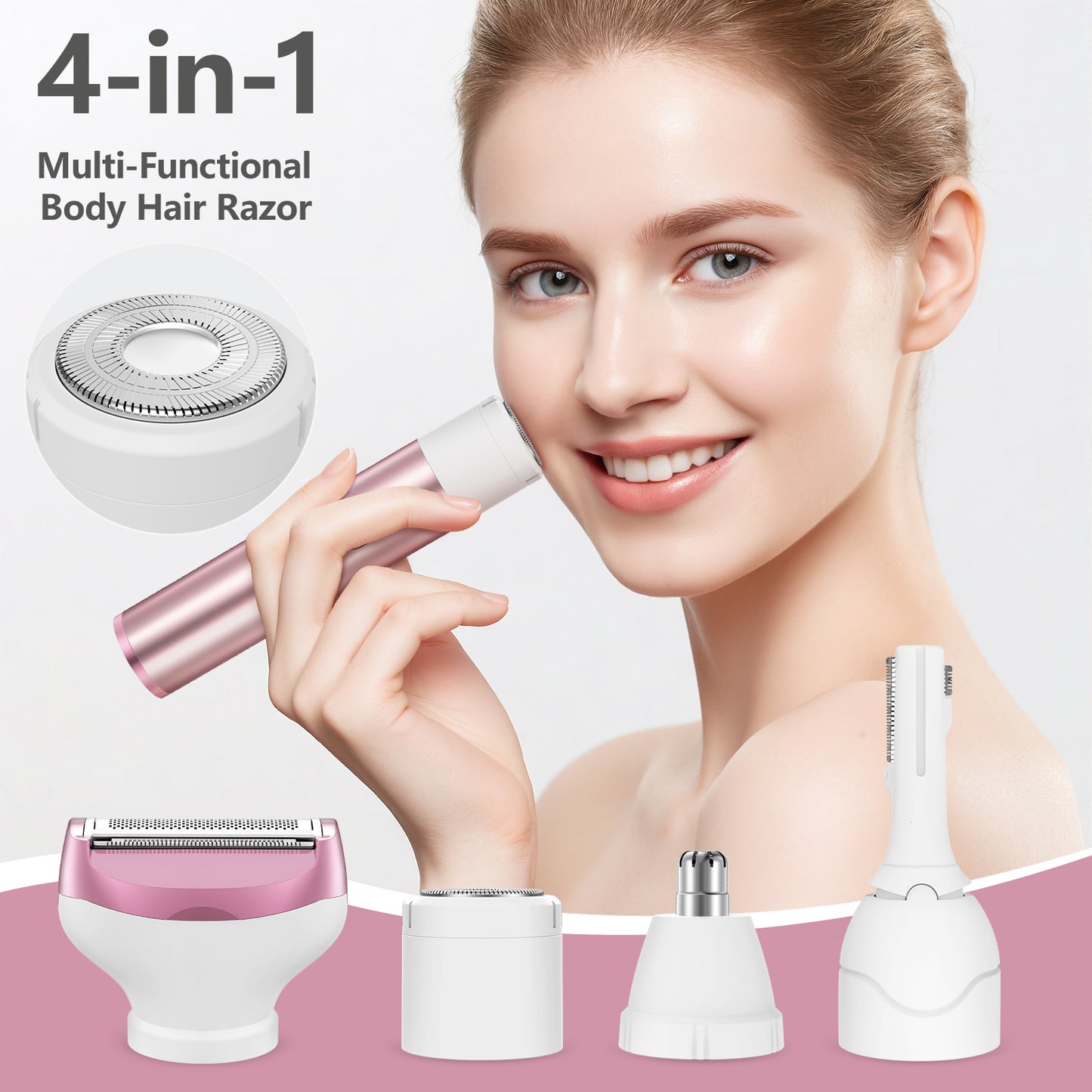 Electric Razor for Women, 4 in 1 Cordless Electric Shaver Set - USB Rechargeable - Wet & Dry Portable Lady Hair Remover, Replaceable Face Shaver & Bikini Trimmer for Underarm Nose Eyebrow Arms Legs