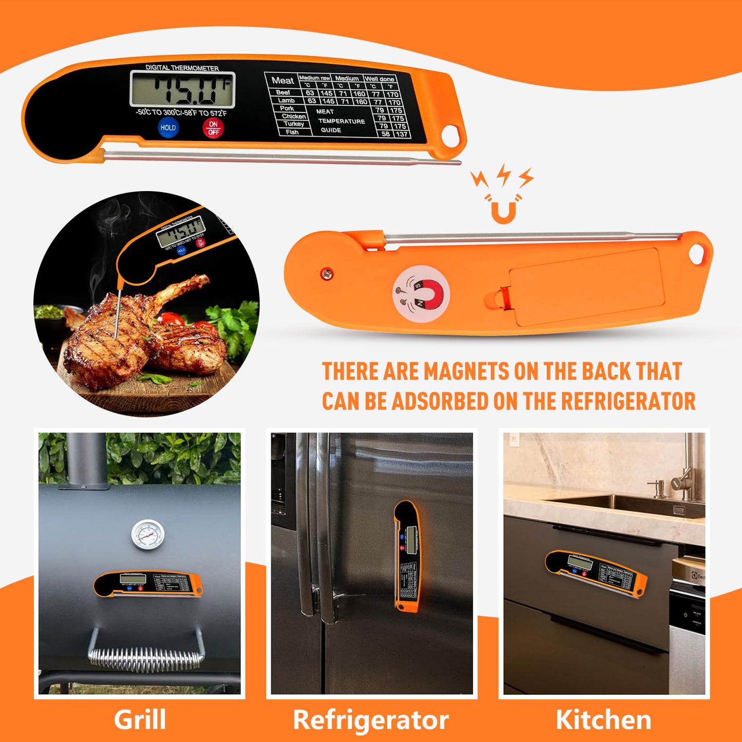 Skdwakiz Meat Thermometer Digital, Instant Read Food Thermometer for BBQ Grilling Cooking, Foldable, 4.3-inch Probe