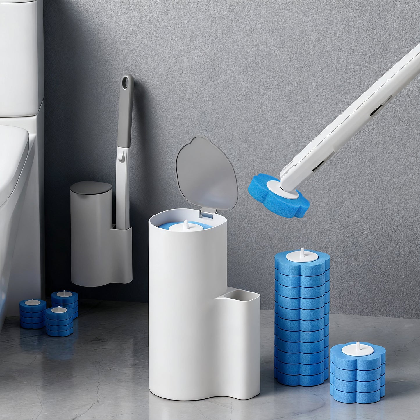 Skdwakiz Disposable Toilet Brush and Holder Set, Toilet Bowl Cleaner Wands with 56 Cleaner Refills, Disposable Cleaning Tools for Toilet, Bathroom Cleaning, Bathtub