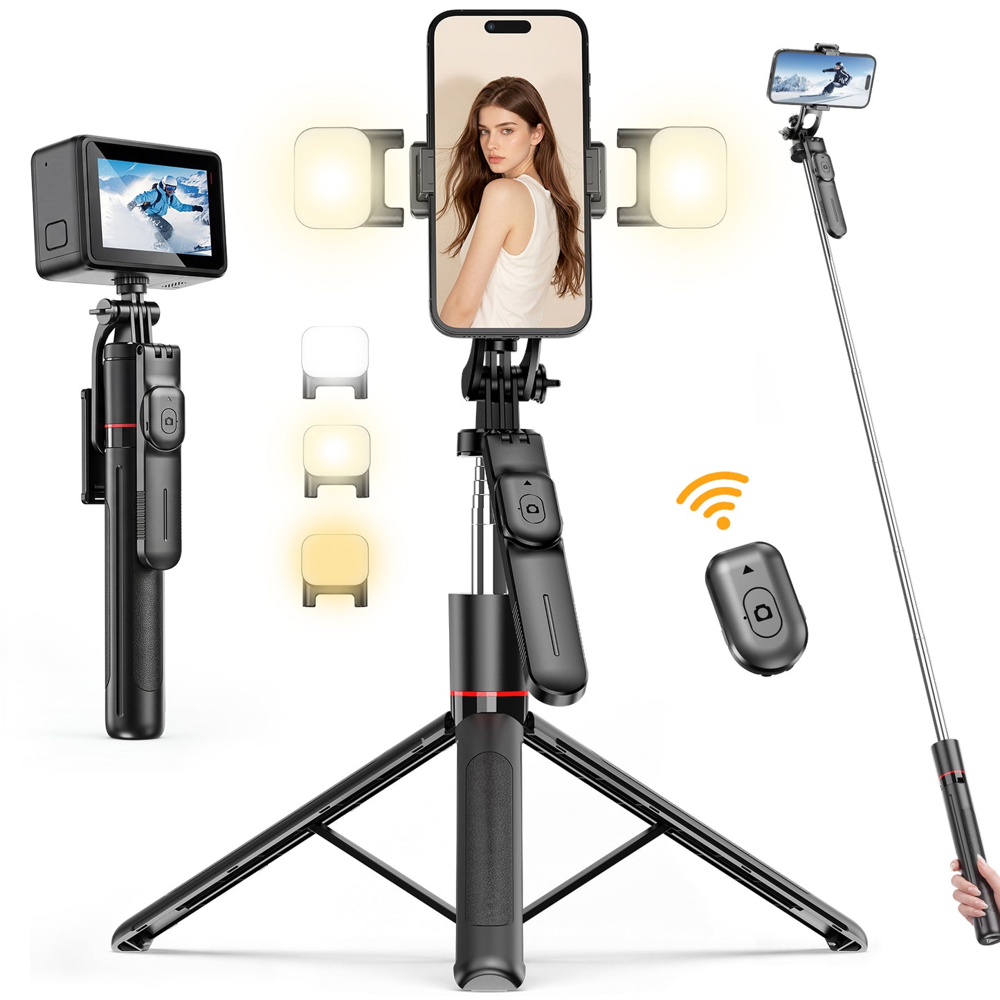 Arenviy Phone Selfie Stick - 67'' Extendable Selfie Stick Tripod with Bluetooth Remote & 2 Fill Light - 360°Rotation Portable Phone Tripod for Android, iOS
