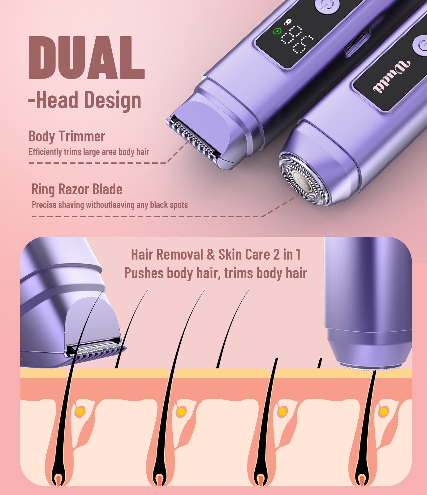 Nogroa Bikini Trimmer for Women, 2-in-1 Womens Electric Razor with Dual Heads, IPX7 Waterproof Wet & Dry Body Pubic Hair Trimmer, USB Rechargeable Cordless Shaver for Face, Lip, Underarm & Legs, Blue