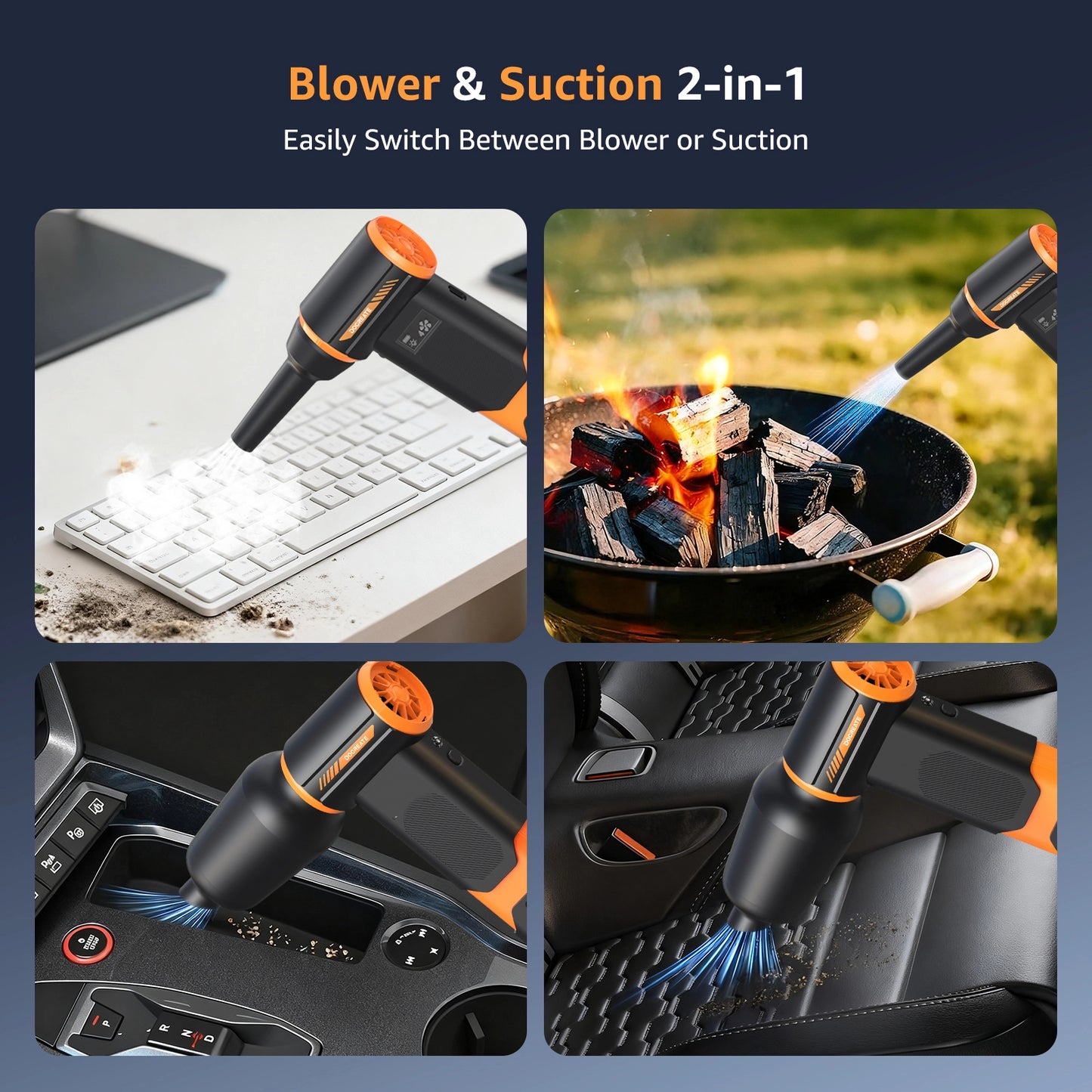 Skdwakiz Compressed Air Duster, 130000RPM Air Duster and Vacuum 2 in 1, Rechargeable Mini Blower with LED Light, 4 Gear Adjustable Cordless Electric Air Duster for Keyboard/Car/Outdoor & House