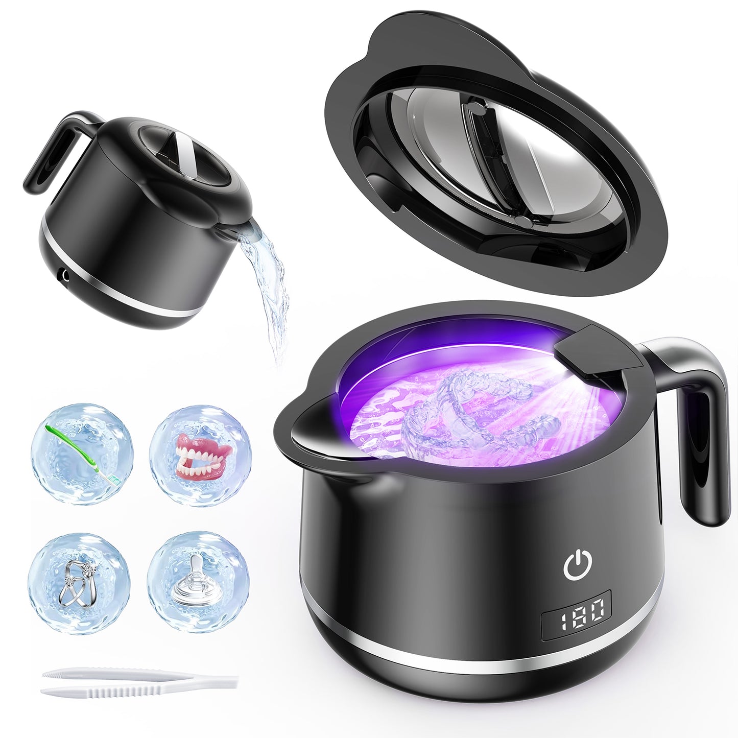 KOPEXY Ultrasonic Retainer Cleaner, 45kHz Dental Cleaning Pod for Denture, Mouth Guard, Aligner, Braces, Toothbrush Head & Jewelry, 5 Modes 45dB UV Cleaner with Digital Timer, 200ML