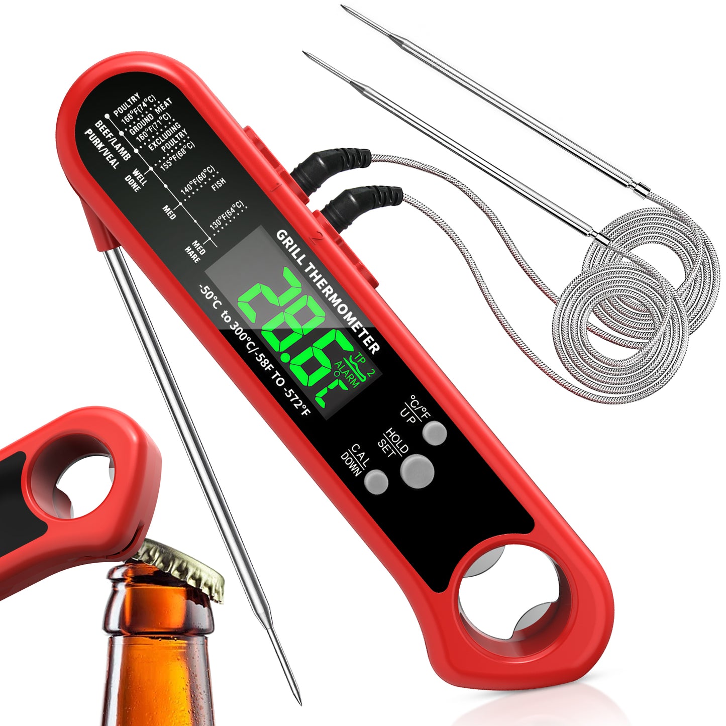 Arenviy Meat Thermometer Digital, Dual Probe Instant Read Food Thermometer with Bottle Opener for BBQ Grilling Cooking, Large LCD Screen, Temp Alarm