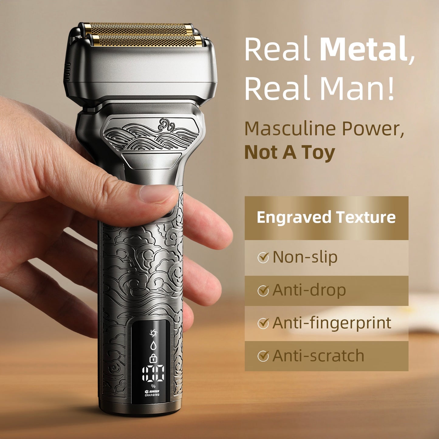 Nogroa 2 in 1 Electric Shaver & Trimmer for Men – Dual Blade Foil Razor for Wet & Dry Use IPX7 Waterproof Beard Trimmer with LED Display/Metal Handle/Travel Lock/Fast Charging, Metallic Gray