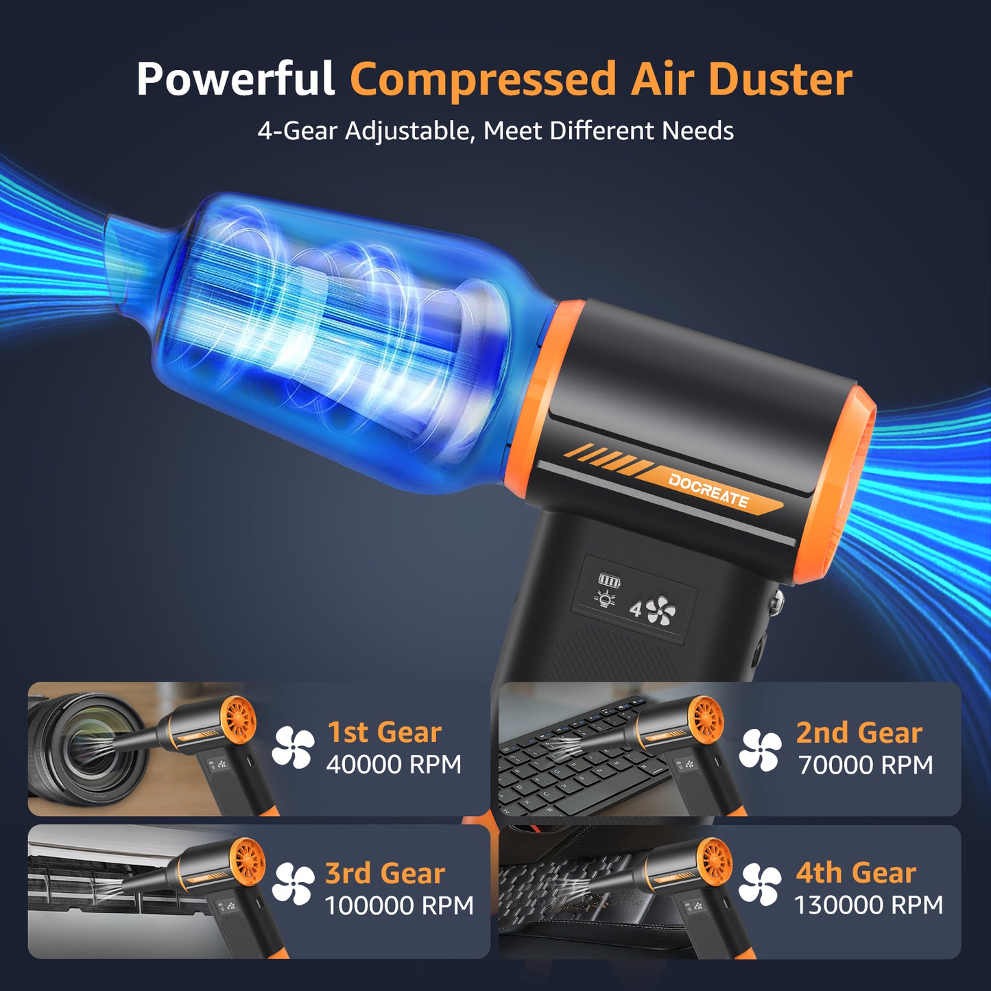 Skdwakiz Compressed Air Duster, 130000RPM Air Duster and Vacuum 2 in 1, Rechargeable Mini Blower with LED Light, 4 Gear Adjustable Cordless Electric Air Duster for Keyboard/Car/Outdoor & House