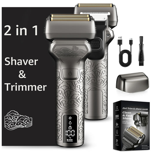 Nogroa 2 in 1 Electric Shaver & Trimmer for Men – Dual Blade Foil Razor for Wet & Dry Use IPX7 Waterproof Beard Trimmer with LED Display/Metal Handle/Travel Lock/Fast Charging, Metallic Gray