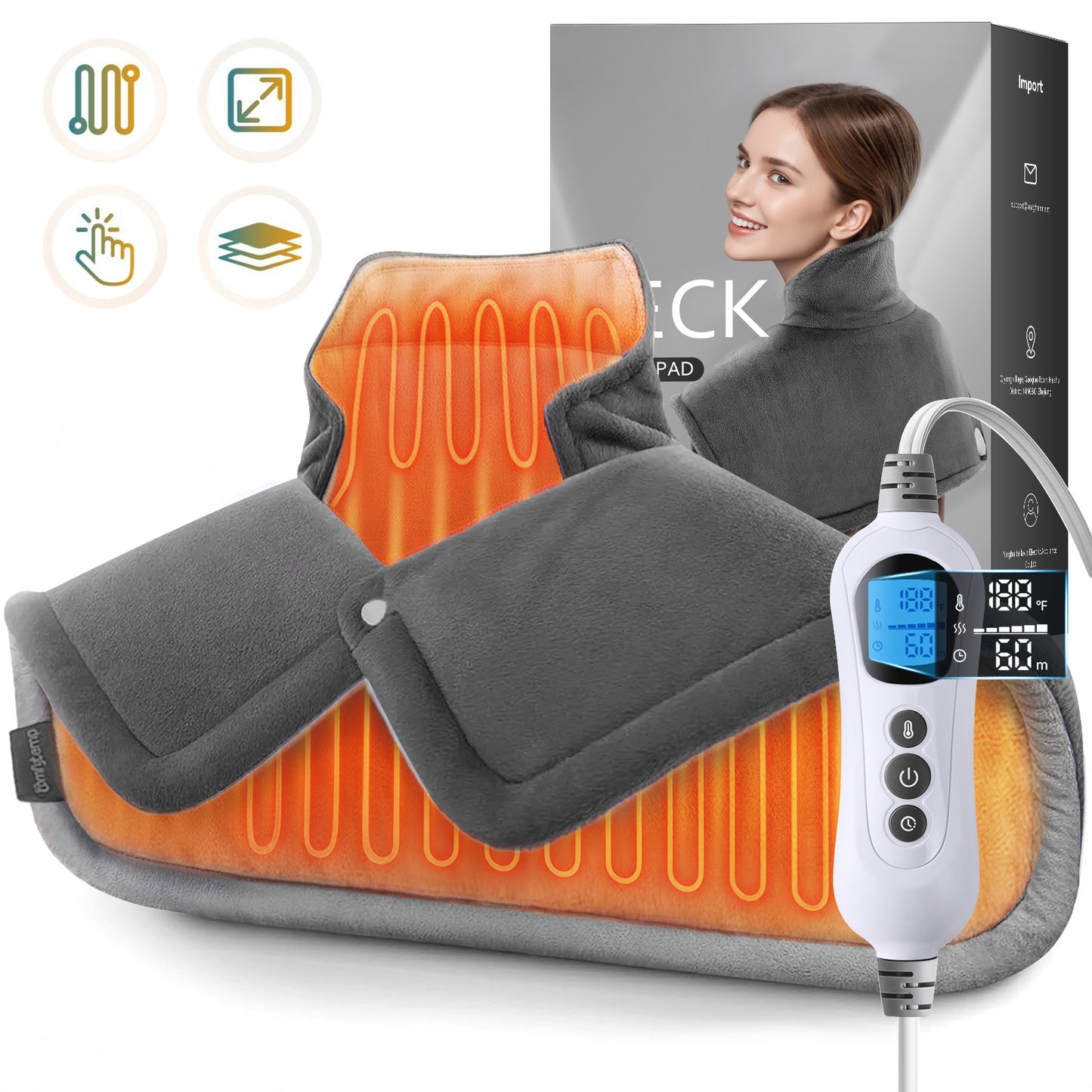 TCVOR 19''x24'' Heating Pad for Neck and Shoulders, 2Lb Weighted Soft Flannel Electric Heating Pads with 6 Heat Settings & 6 Timer Auto Shut Off, Gray