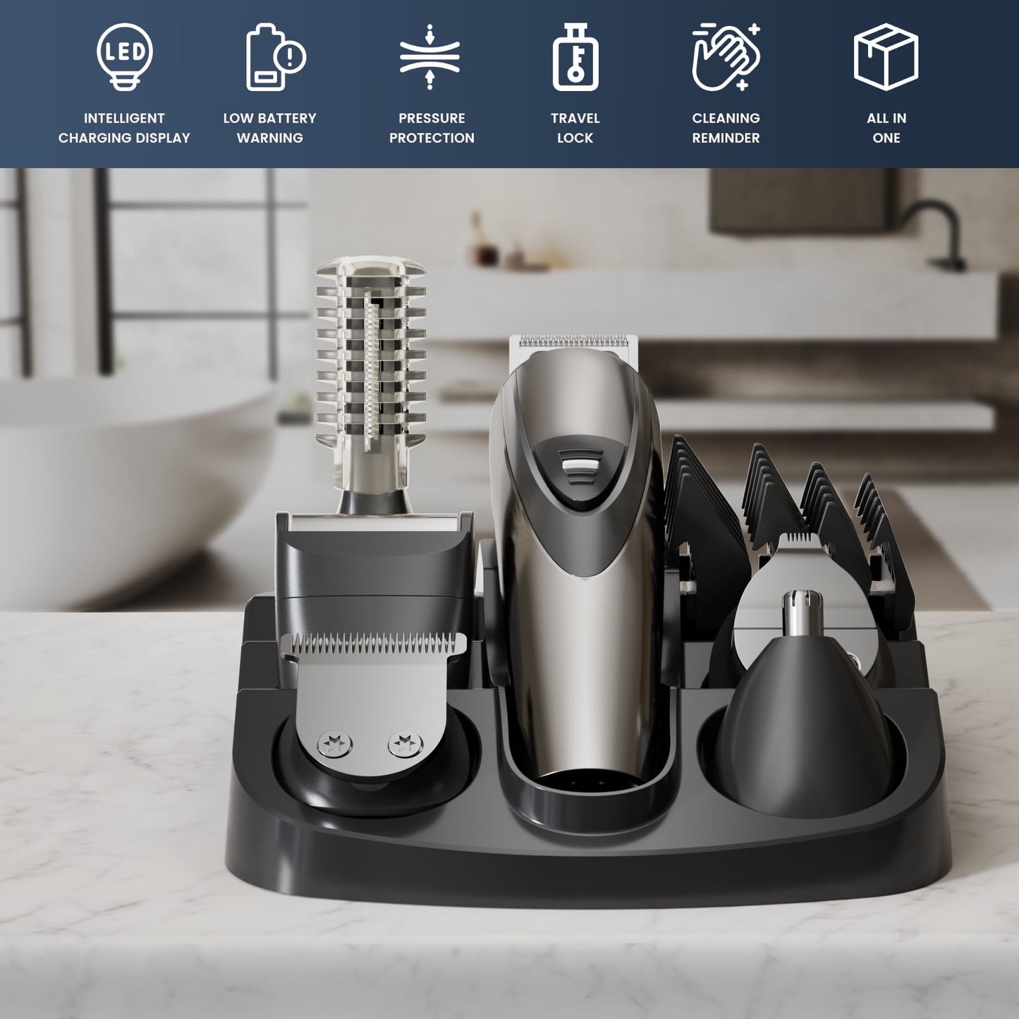 Nogroa Hair Trimmer for Men, Cordless Hair Clippers with Safety Lock, All in One Mens Grooming Kit for Hair, Mustache, Nose and Body, Waterproof Rechargeable Hair Trimmers, Gifts for Husband Father