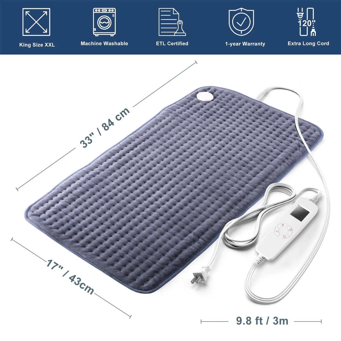 TCVOR Flannel Heating Pad for Back, Neck Pain and Period Cramp Relief, King Size 17''x33'' Electric Heating Pad with 6 Heat Settings, 6 Timer Auto Shut Off, Machine Washable