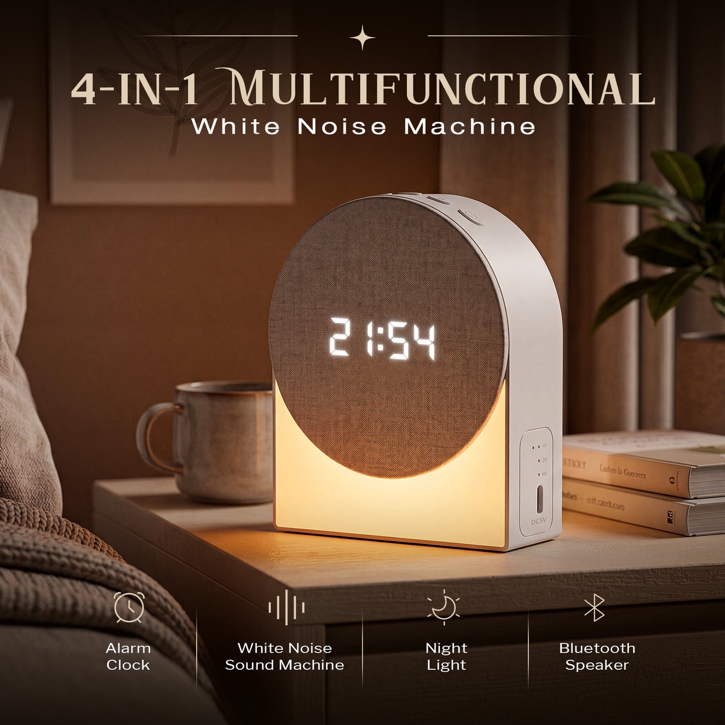 TCVOR 4 in 1 White Noise Machine with Bluetooth Speaker | Night Light | Digital Clock & Alarm, Multi-Function Sound Machine with 6 Soothing Sounds & Auto-Off Sleep Timer (15/30/60 Min)