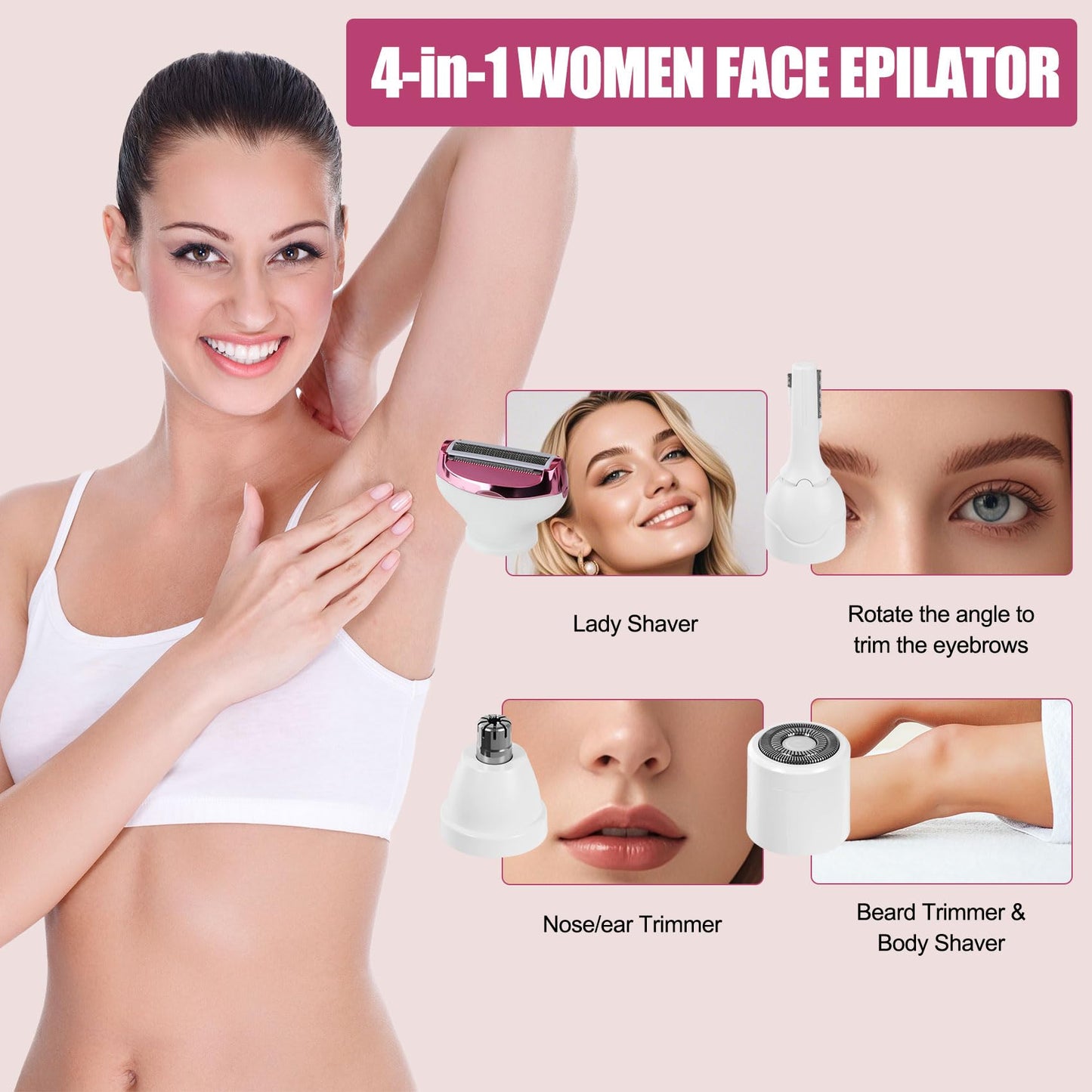 Electric Razor for Women, 4 in 1 Cordless Electric Shaver Set - USB Rechargeable - Wet & Dry Portable Lady Hair Remover, Replaceable Face Shaver & Bikini Trimmer for Underarm Nose Eyebrow Arms Legs
