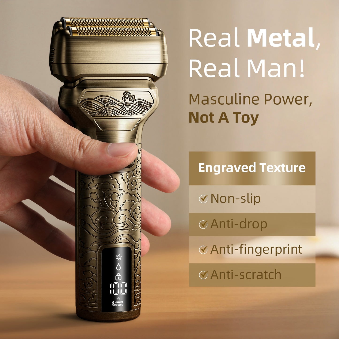 Nogroa Men's Electric Razor with Trimmer – IPX7 Waterproof Foil Shaver for Wet & Dry Use, Dual-Blade Beard Trimmer with LED Display/Non-Slip Metal Handle/Travel Lock/Fast Charging, Bronze