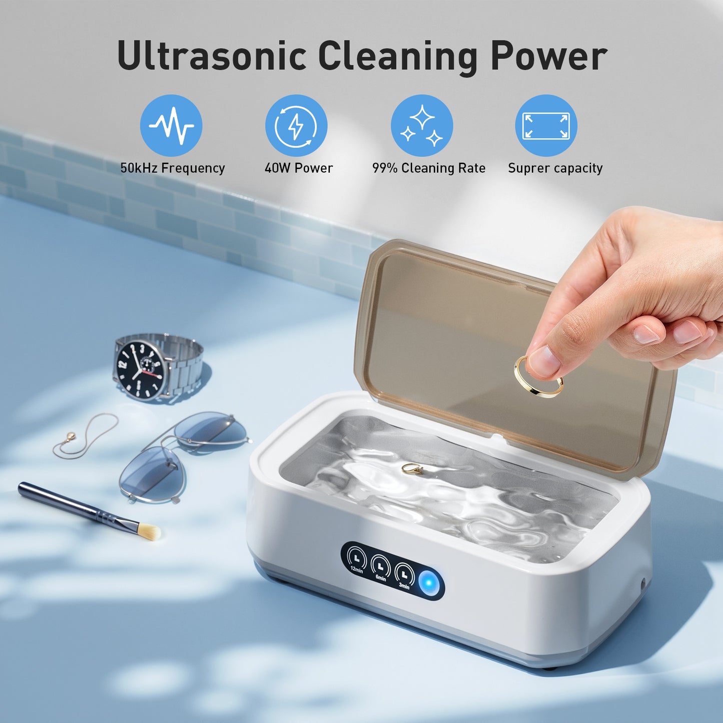 KOPEXY Ultrasonic Jewelry Cleaner, 50KHz Ultrasonic Cleaner Machine for Jewelry, Rings, Glasses, Watch Strap, 3 Cleaning Modes with Digital Timer, 22oz, 304 Stainless Steel Water Tank