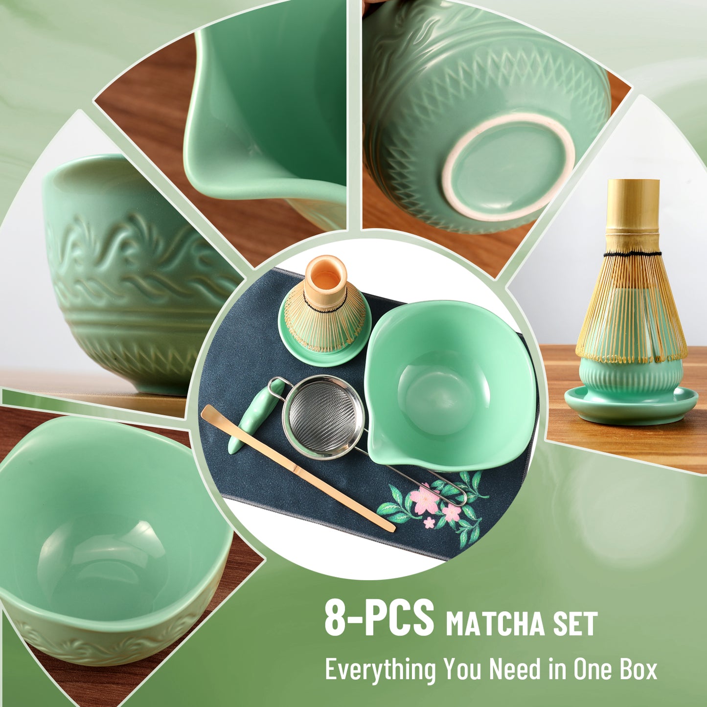 Skdwakiz 8PCS Matcha Whisk Set, Traditional Matcha Gift Set - Reusable Matcha Making Kit with Ceramic Matcha Bowl, Whisk Holder, Bamboo Matcha Whisk and Bamboo Scoop for Matcha Lovers