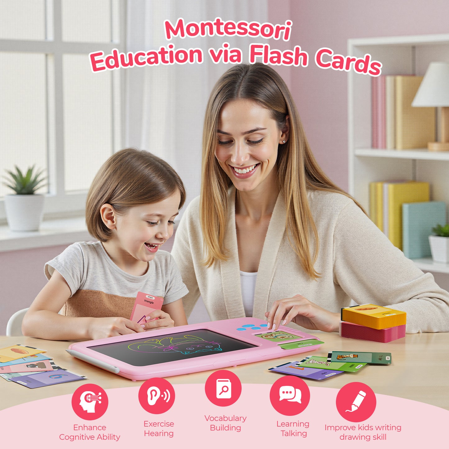Skdwakiz 510 Sight Words Talking Flash Cards with LCD Writing Tablet for Toddlers, Kids Montessori Language Learning Toys with 255 Cards for Boys Girls Birthday Gifts, Pink