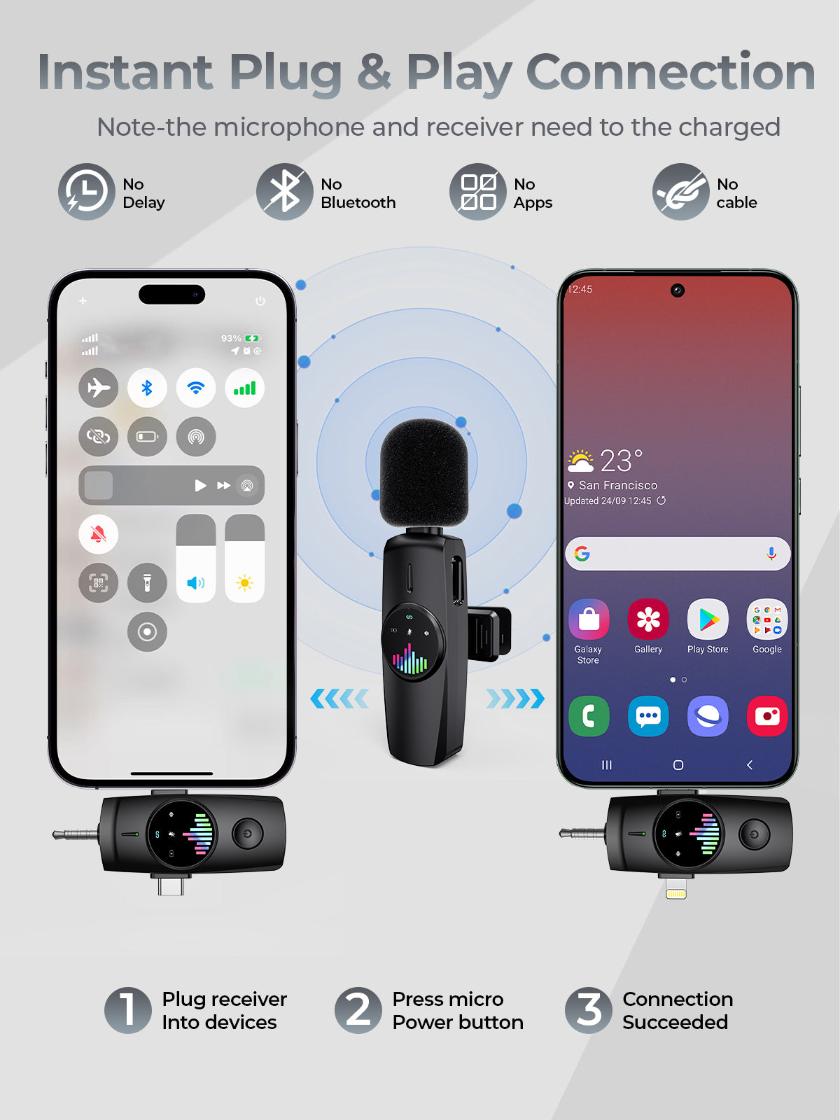 Skdwakiz 3 in 1 Wireless Lavalier Microphone: Professional Mini Mic for iPhone, Android, Camera - Lapel Microphone with Noise Canceling/Plug and Play/Real-Time Monitoring for Video Recording